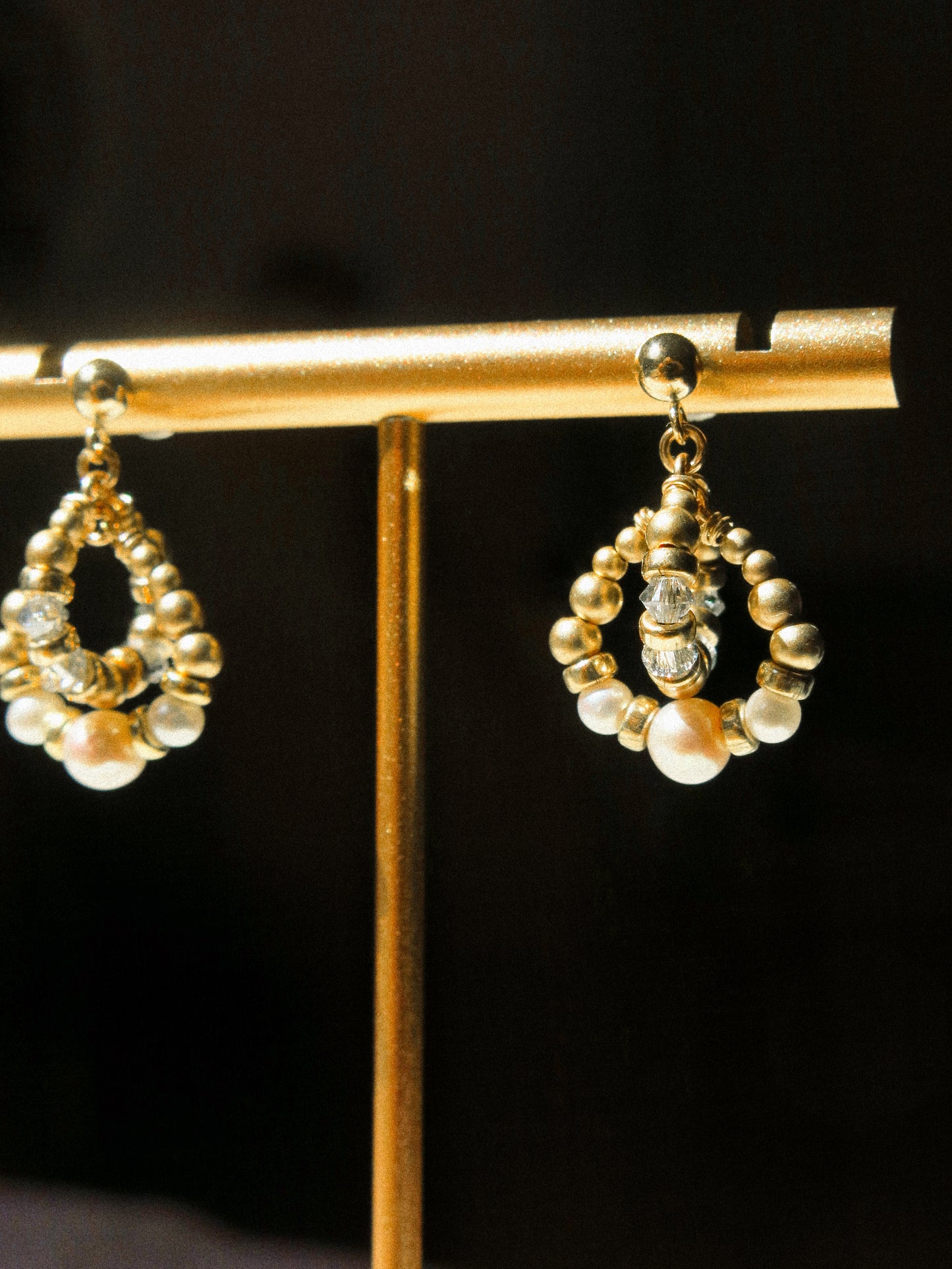 Intertwined Halo Earrings with White Pearl and Baby Blue Swarovski Crystals, 14K Gold Fill