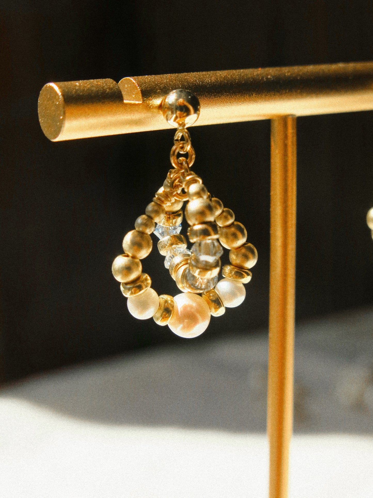 Intertwined Halo Earrings with White Pearl and Baby Blue Swarovski Crystals, 14K Gold Fill