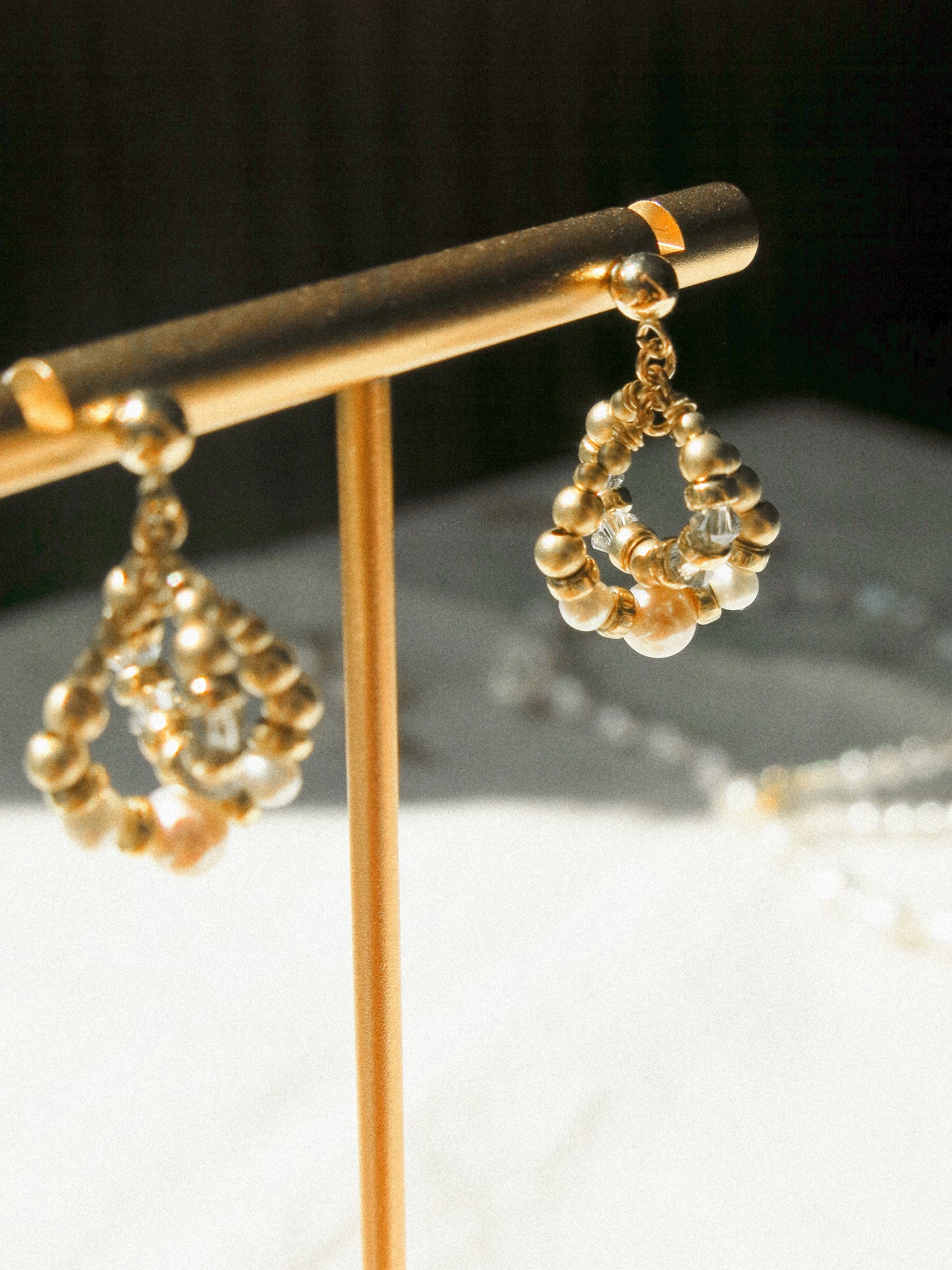 Intertwined Halo Earrings with White Pearl and Baby Blue Swarovski Crystals, 14K Gold Fill