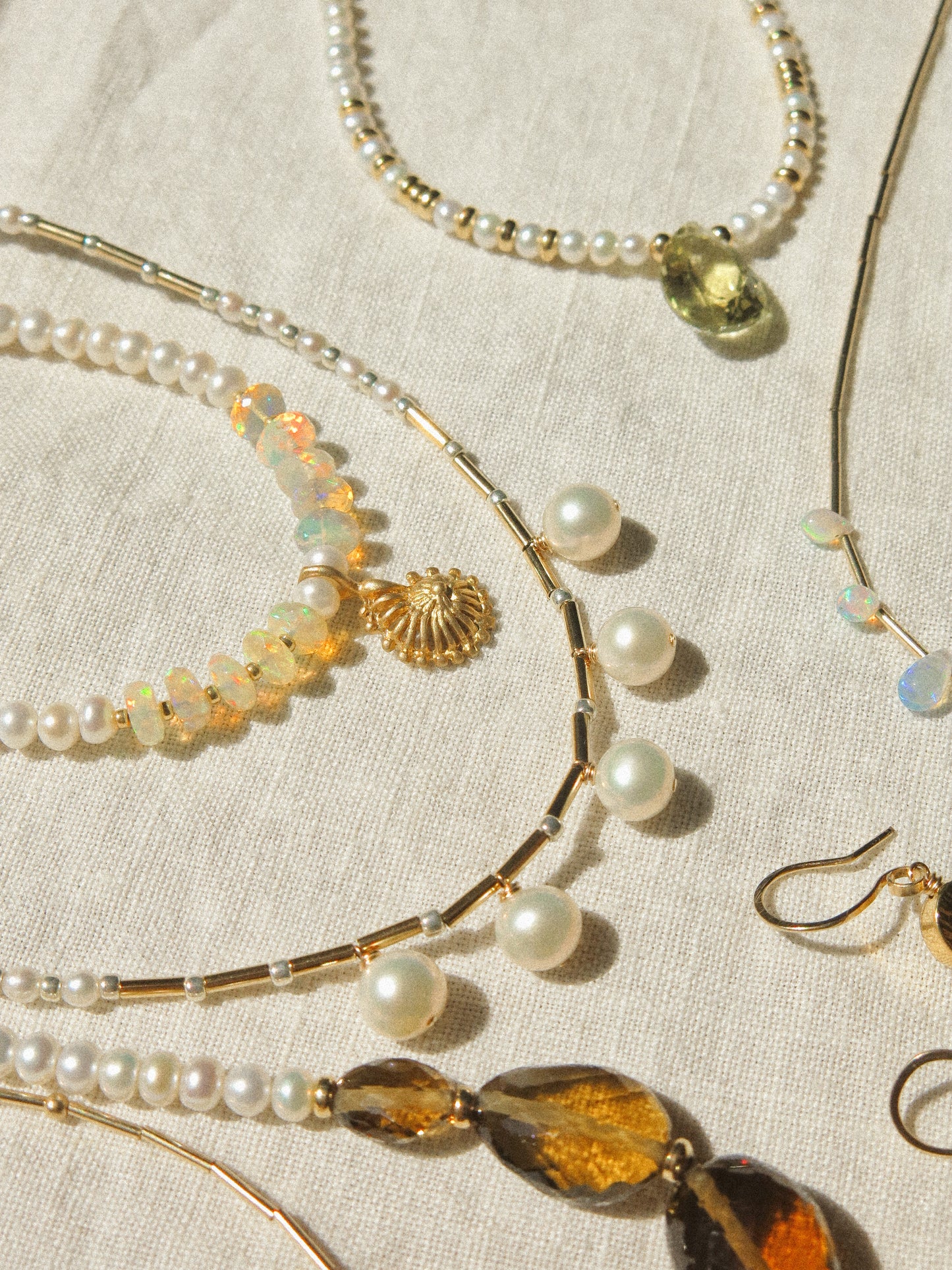 White Round Pearl Strung Choker Necklace with Tube Beads, Rice Pearls and Silver Miyuki Beads, 14", 14k Gold Fill