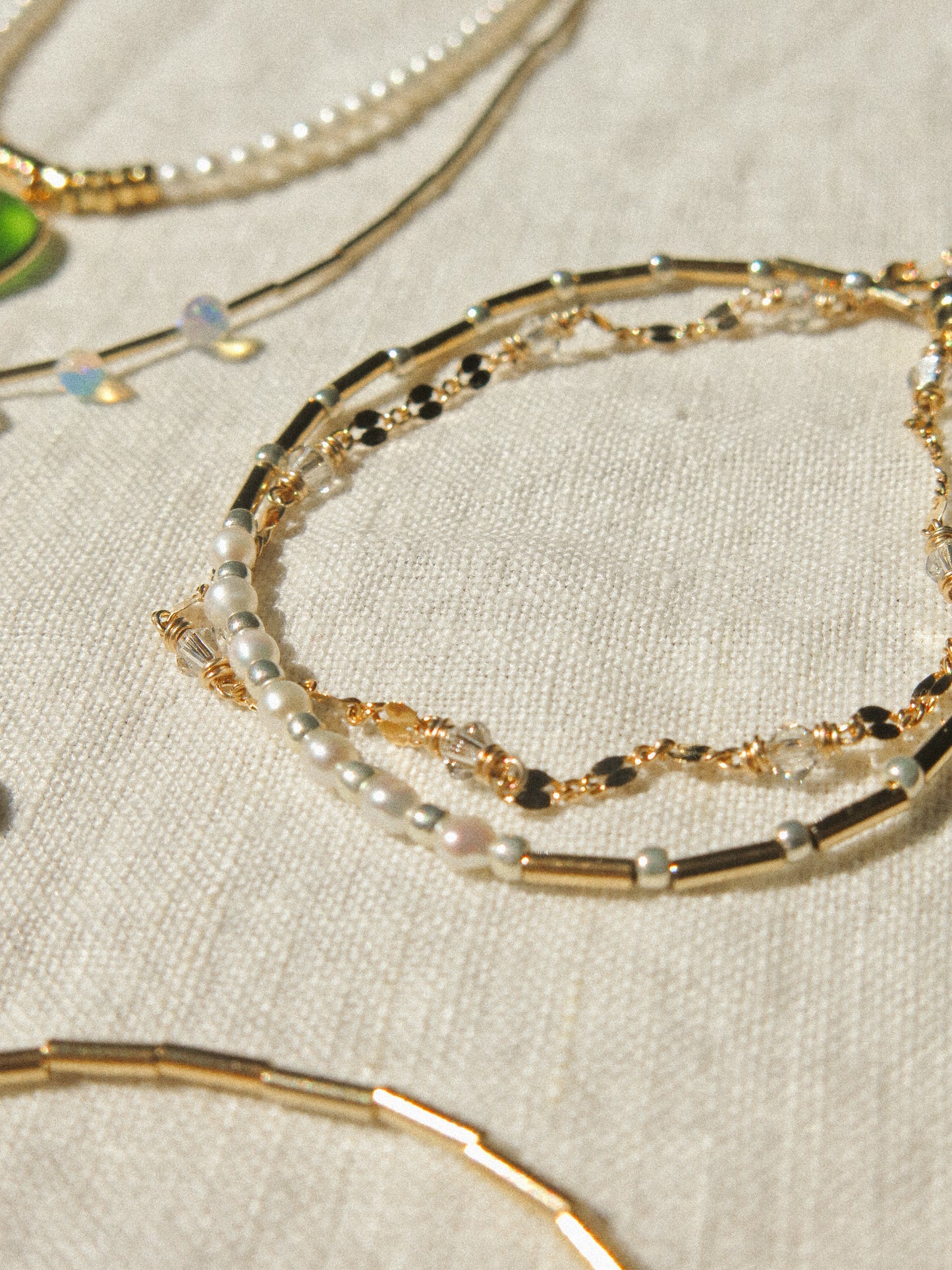 Double Bracelet with Magnetic Clasp in White Pearls, Swavorski Crystals, Silver Miyuki Beads, and Dapped Sequin Chain, 6.25", 14k Gold Fill