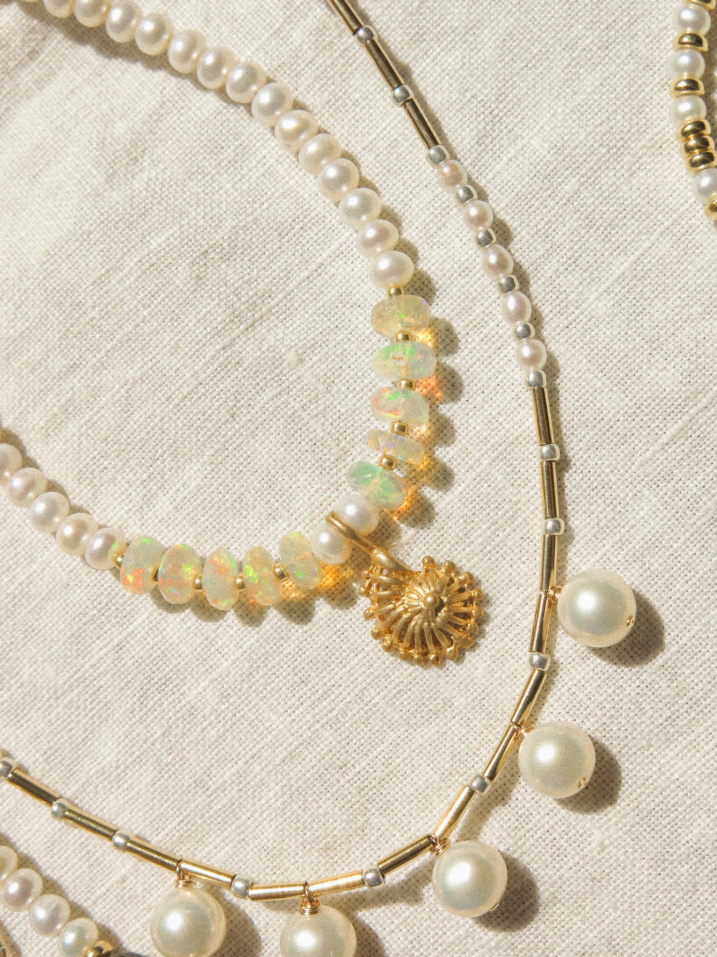 Matte Gold Vermeil Seashell Charm on Ethiopian Welo Opal and White Pearl Strung Choker Necklace, 15", 14k Gold Fill