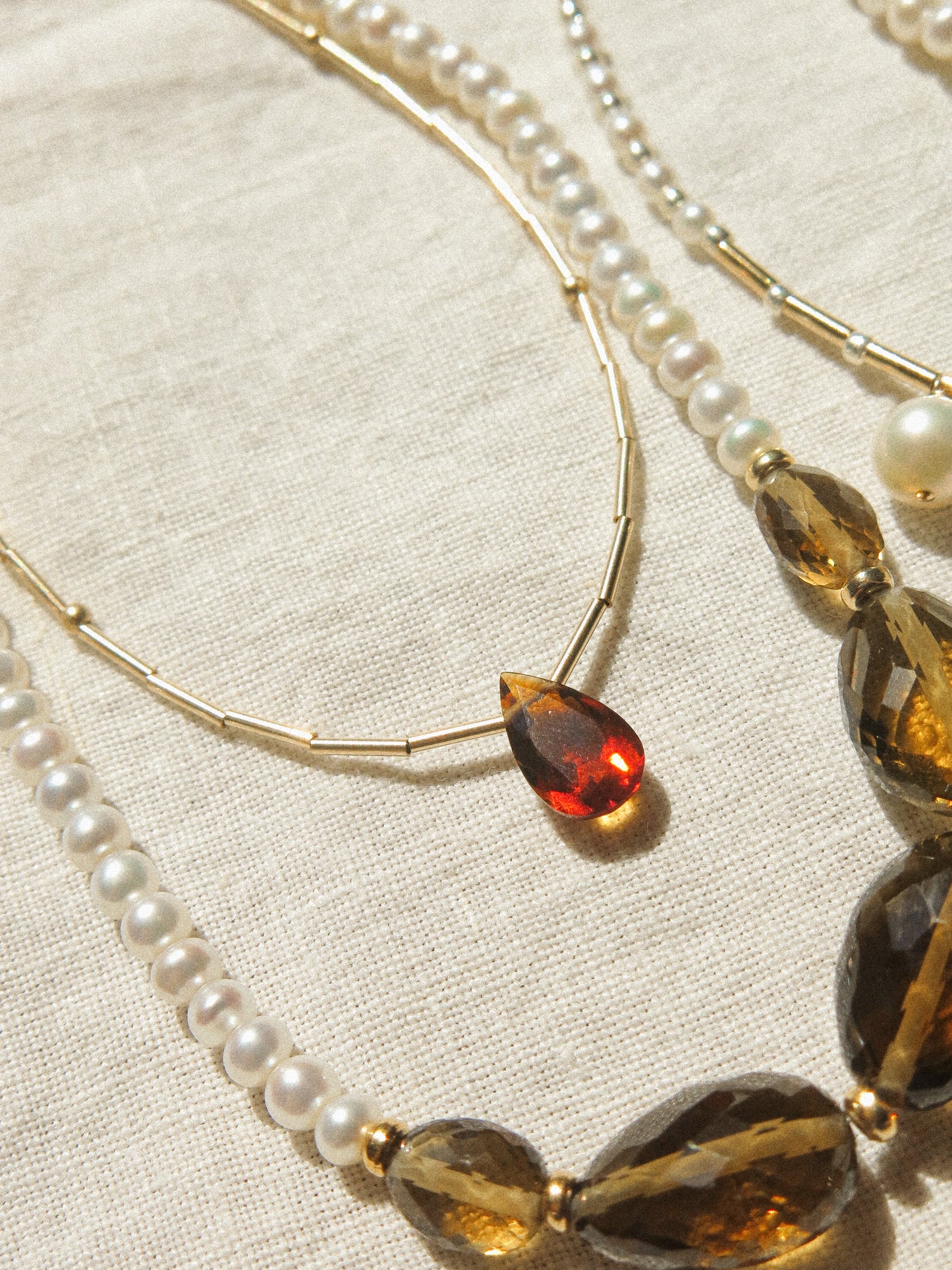 Faceted Brandy Citrine Teardrop and Delicate Tube Strung Necklace with Matte Gold Fill Ball Accent, 16", 14k Gold Fill