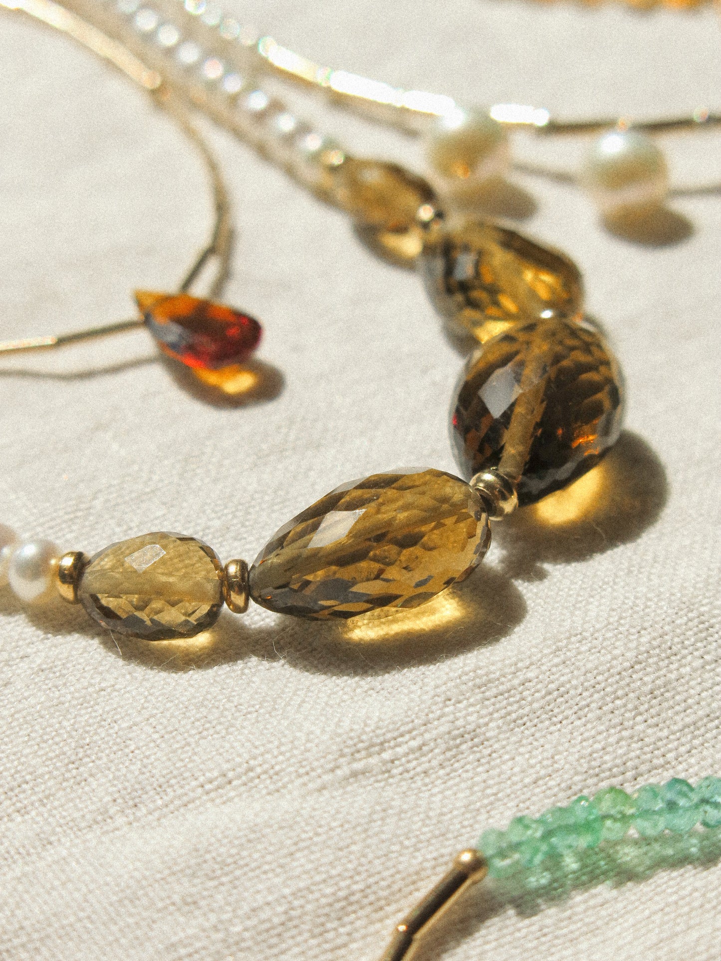Graduated Oval Faceted Cognac Quartz Oval Strung Choker Necklace with White Pearls and Gold Fill Rondelle Beads, 14.5", 14K Gold Fill