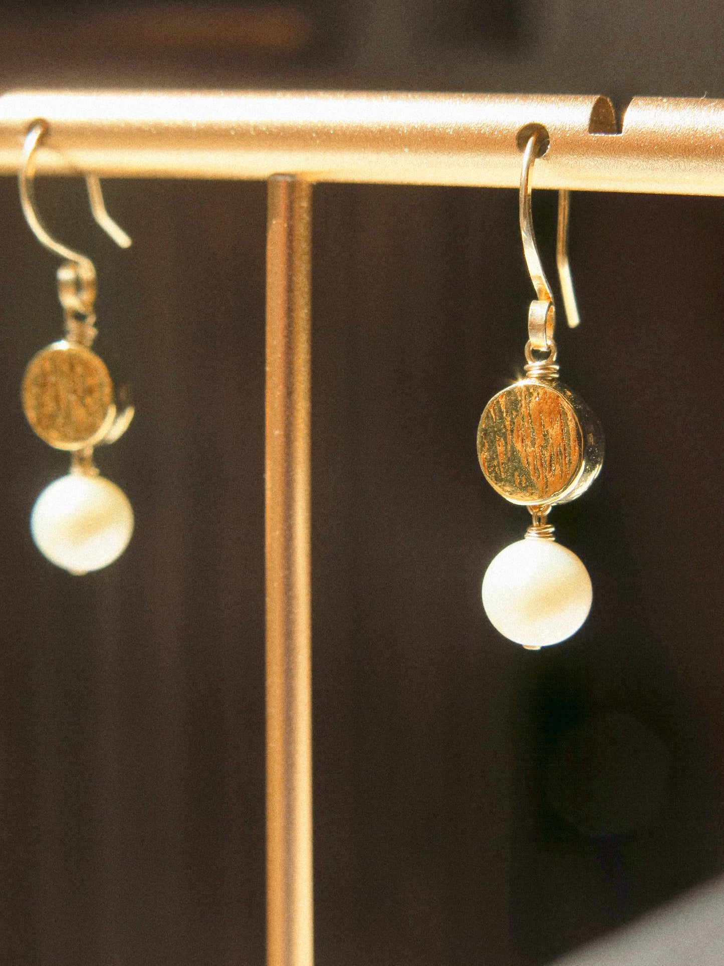 18K Gold Vermeil Textured Coin and White Edison Round Pearl Dangle Earrings, 14K Gold Fill