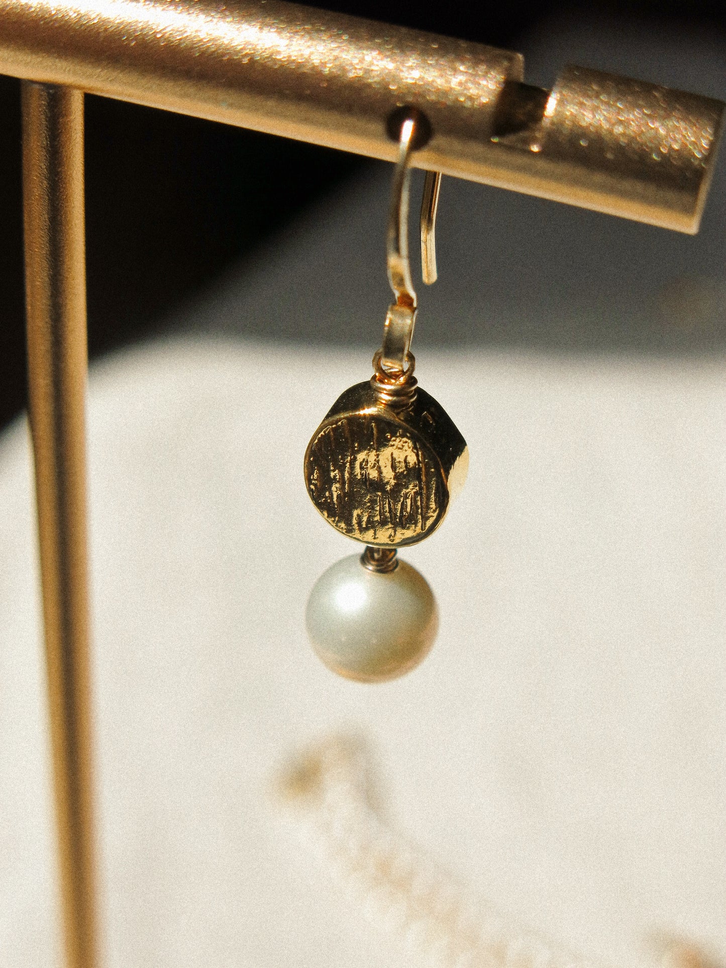 18K Gold Vermeil Textured Coin and White Edison Round Pearl Dangle Earrings, 14K Gold Fill