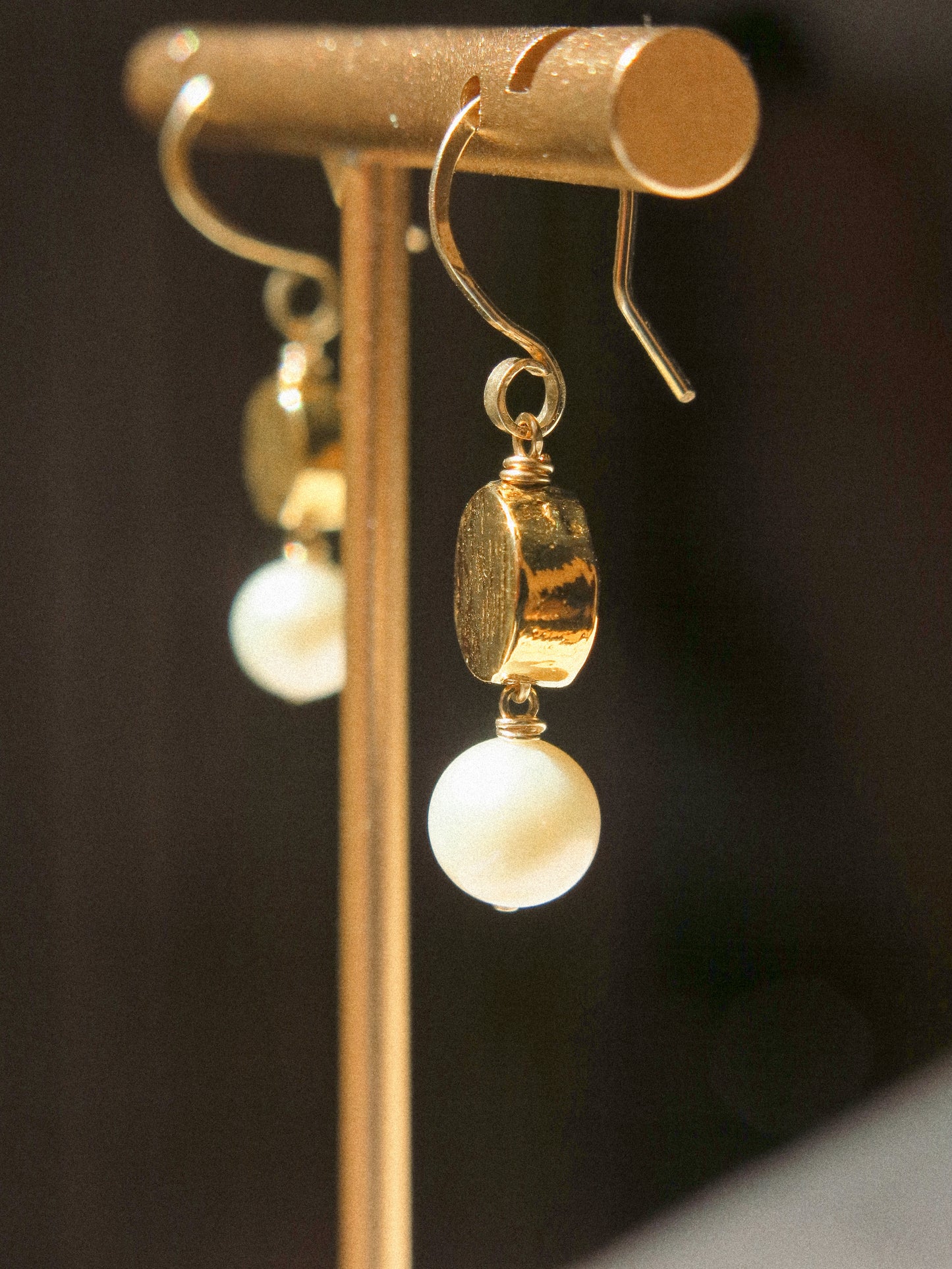 18K Gold Vermeil Textured Coin and White Edison Round Pearl Dangle Earrings, 14K Gold Fill