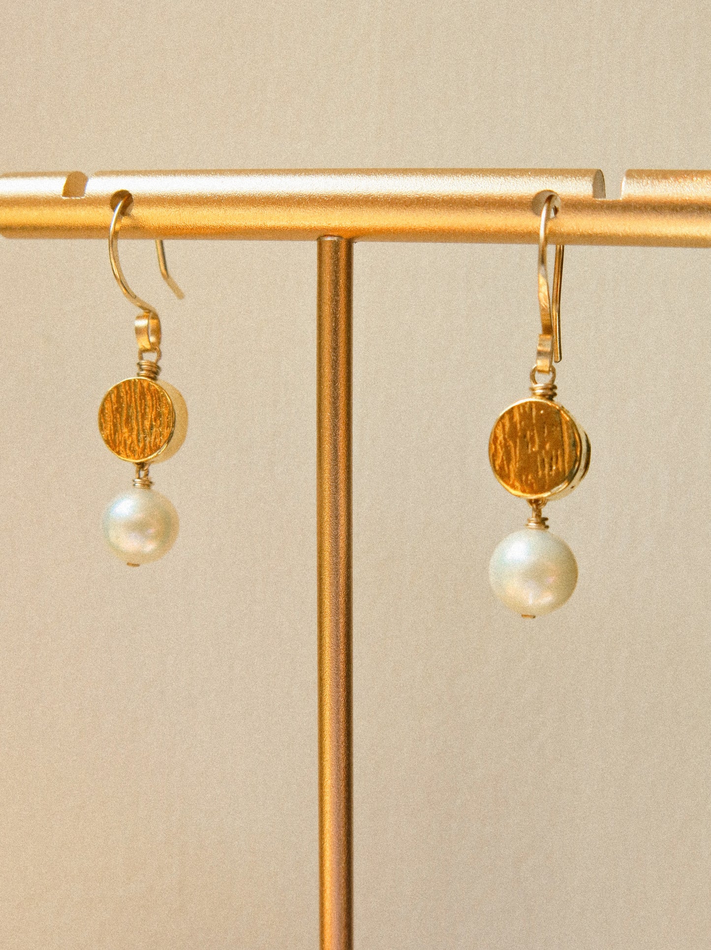 18K Gold Vermeil Textured Coin and White Edison Round Pearl Dangle Earrings, 14K Gold Fill