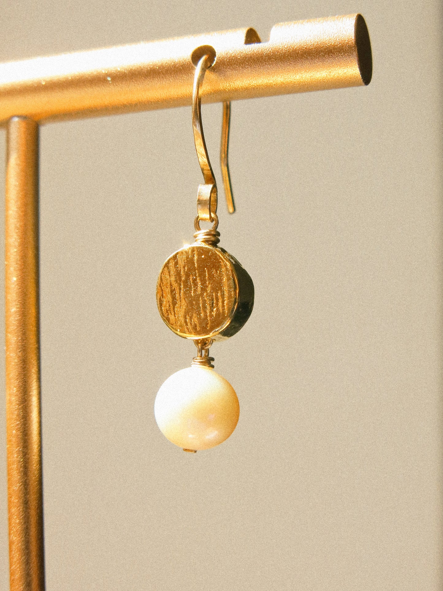 18K Gold Vermeil Textured Coin and White Edison Round Pearl Dangle Earrings, 14K Gold Fill