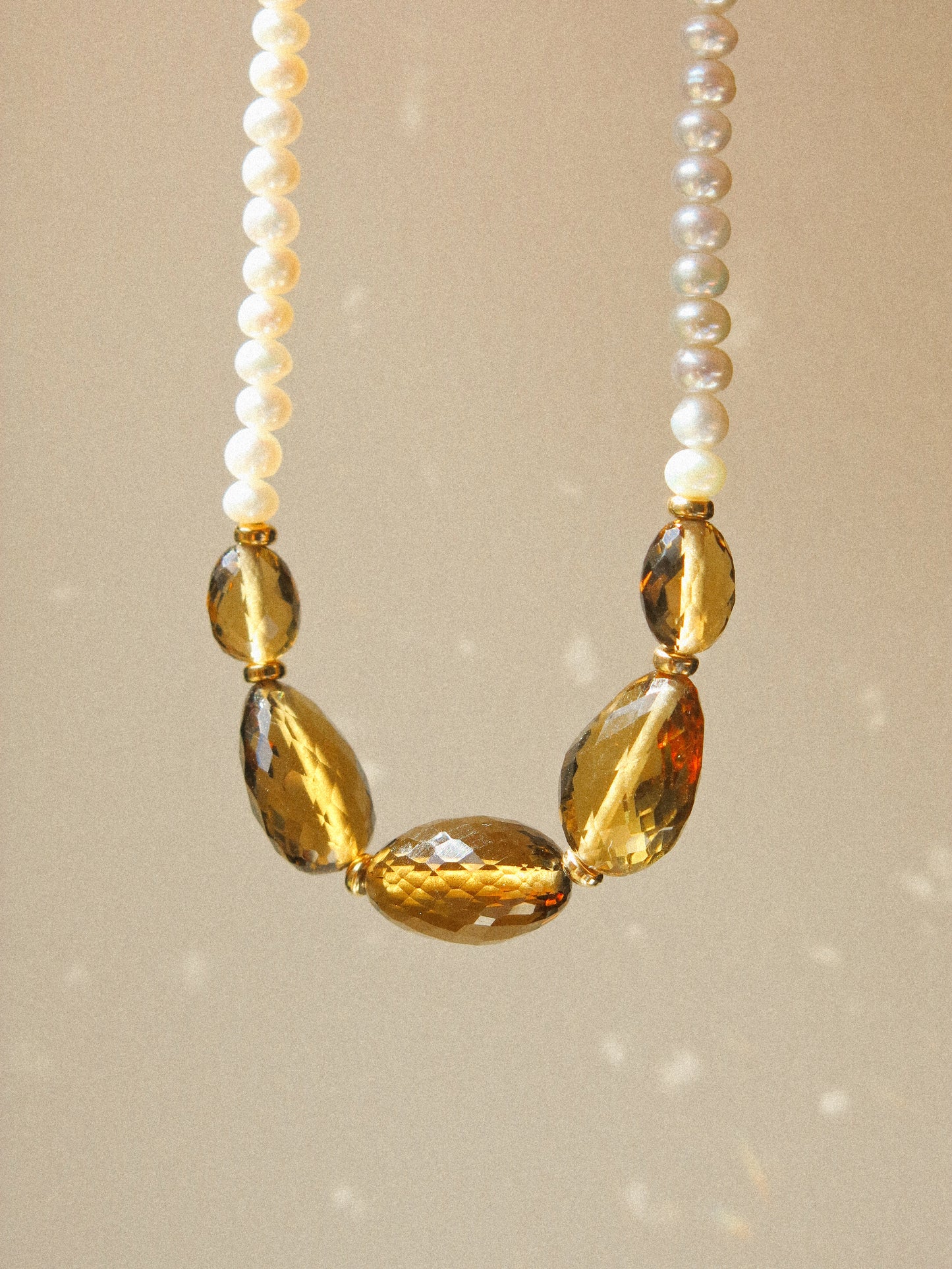 Graduated Oval Faceted Cognac Quartz Oval Strung Choker Necklace with White Pearls and Gold Fill Rondelle Beads, 14.5", 14K Gold Fill