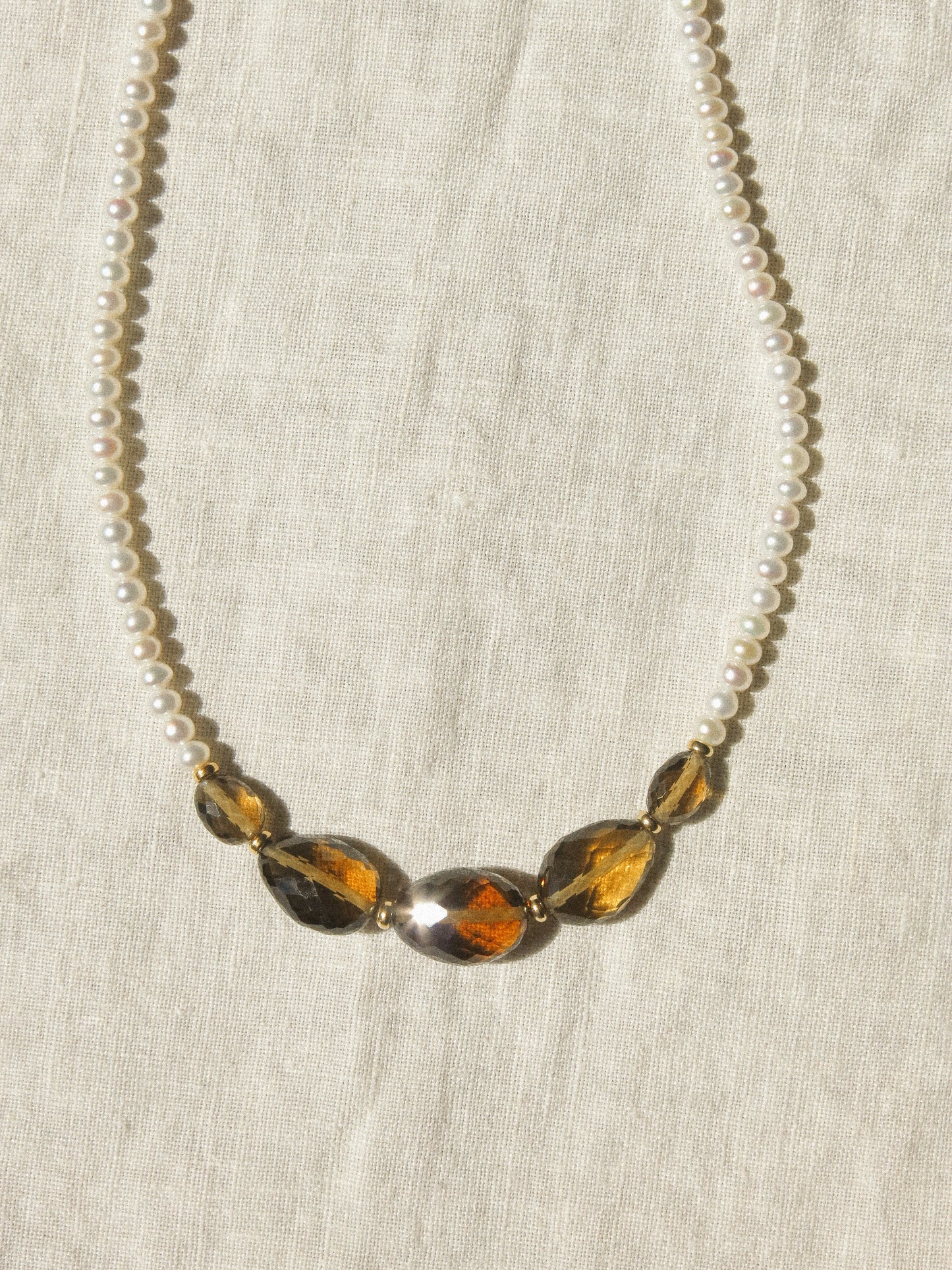 Graduated Oval Faceted Cognac Quartz Oval Strung Choker Necklace with White Pearls and Gold Fill Rondelle Beads, 14.5", 14K Gold Fill