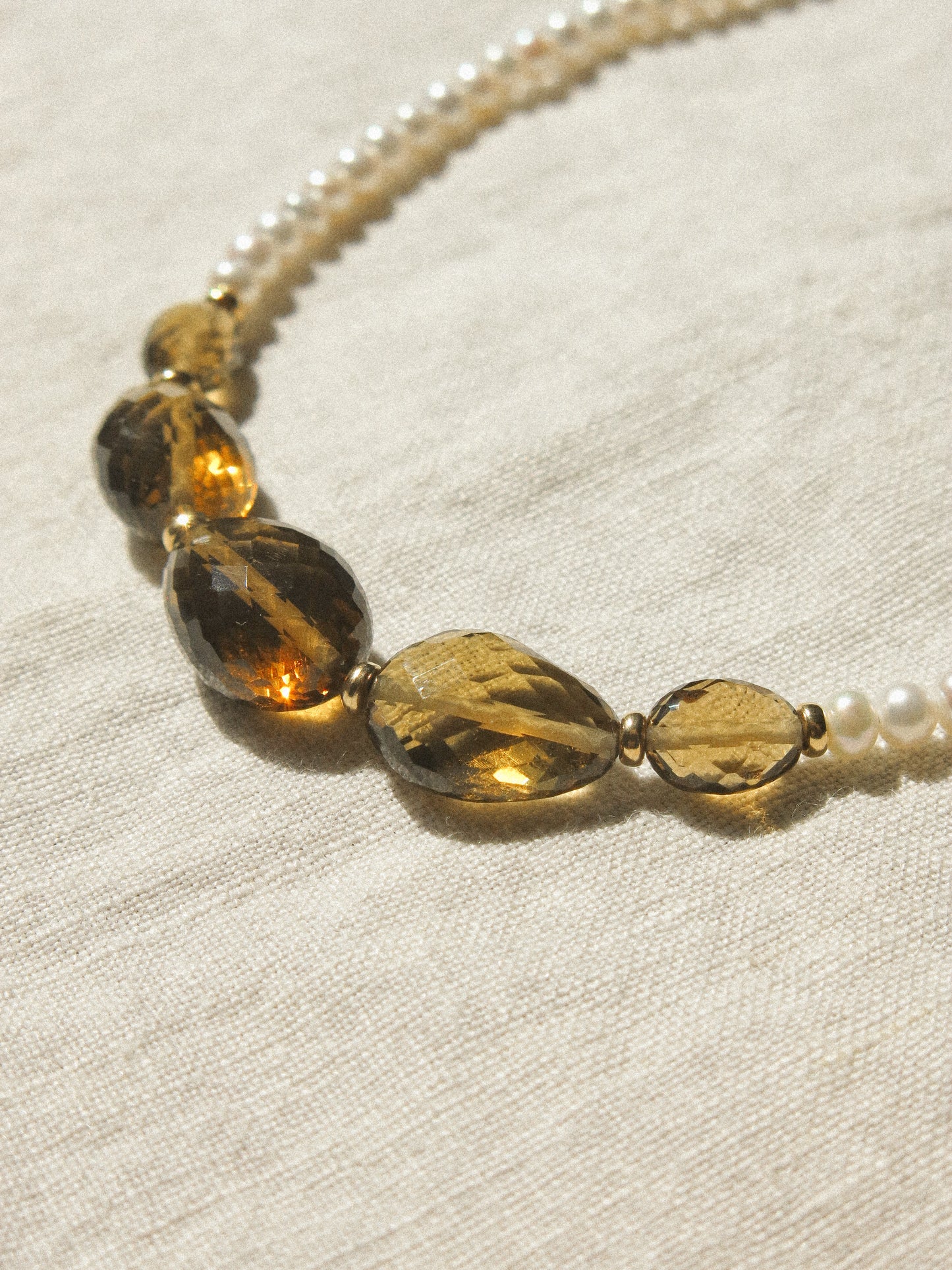 Graduated Oval Faceted Cognac Quartz Oval Strung Choker Necklace with White Pearls and Gold Fill Rondelle Beads, 14.5", 14K Gold Fill