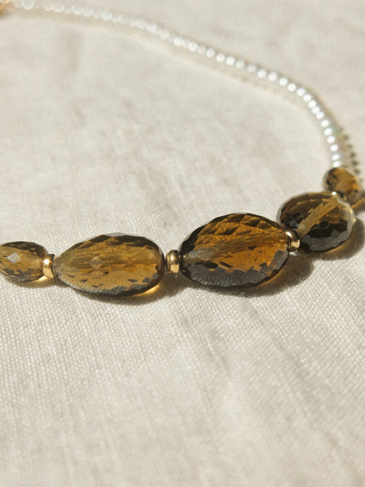 Graduated Oval Faceted Cognac Quartz Oval Strung Choker Necklace with White Pearls and Gold Fill Rondelle Beads, 14.5", 14K Gold Fill