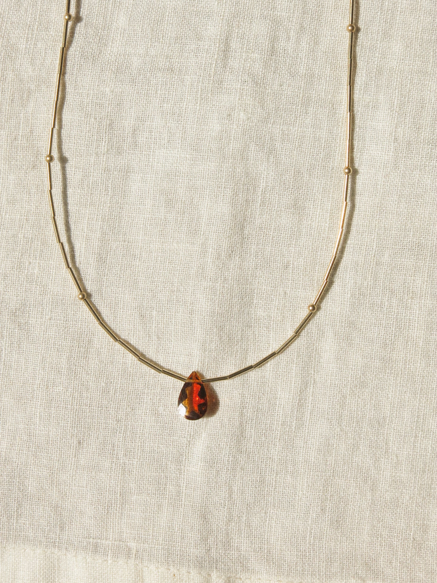 Faceted Brandy Citrine Teardrop and Delicate Tube Strung Necklace with Matte Gold Fill Ball Accent, 16", 14k Gold Fill