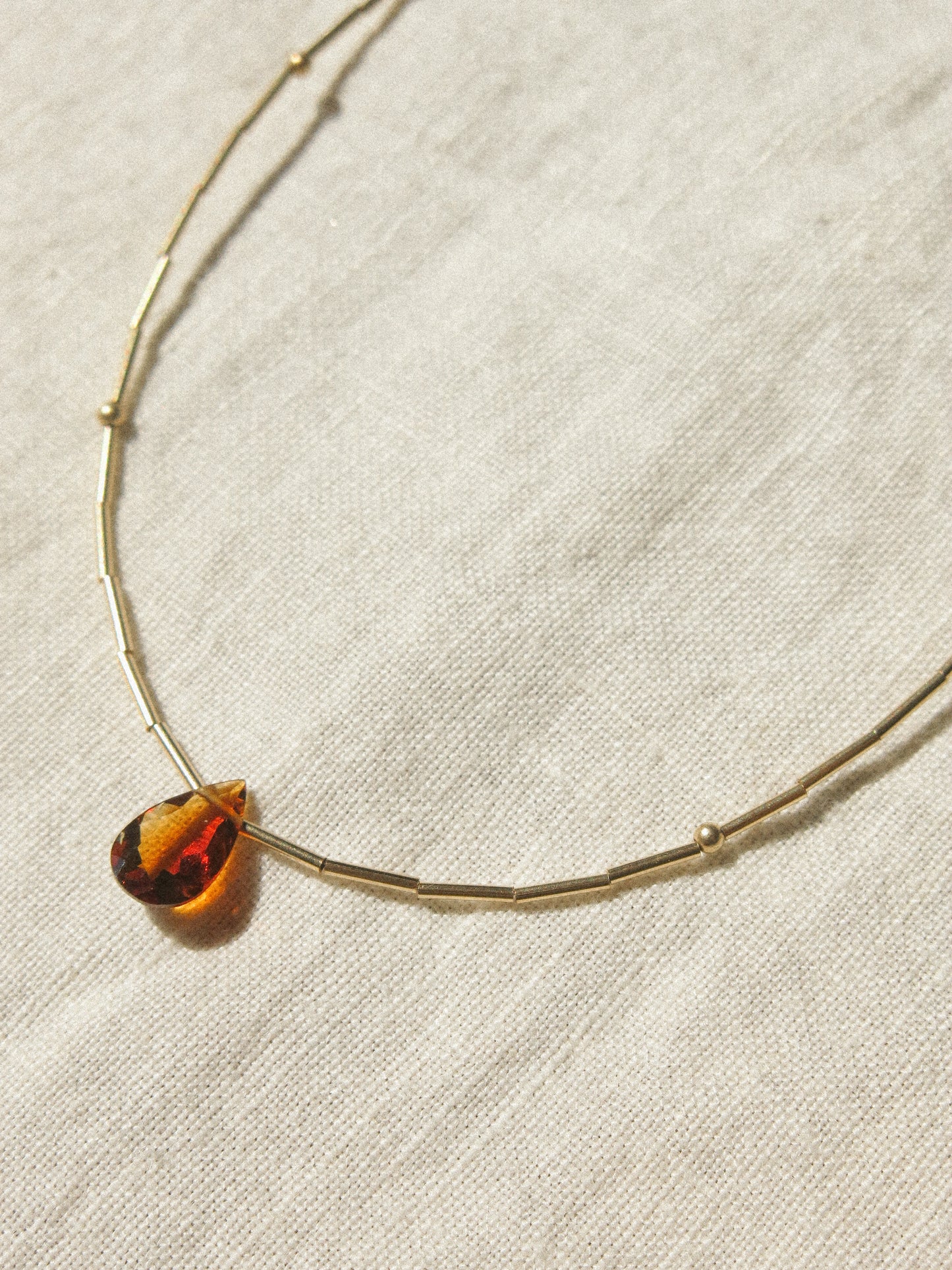 Faceted Brandy Citrine Teardrop and Delicate Tube Strung Necklace with Matte Gold Fill Ball Accent, 16", 14k Gold Fill