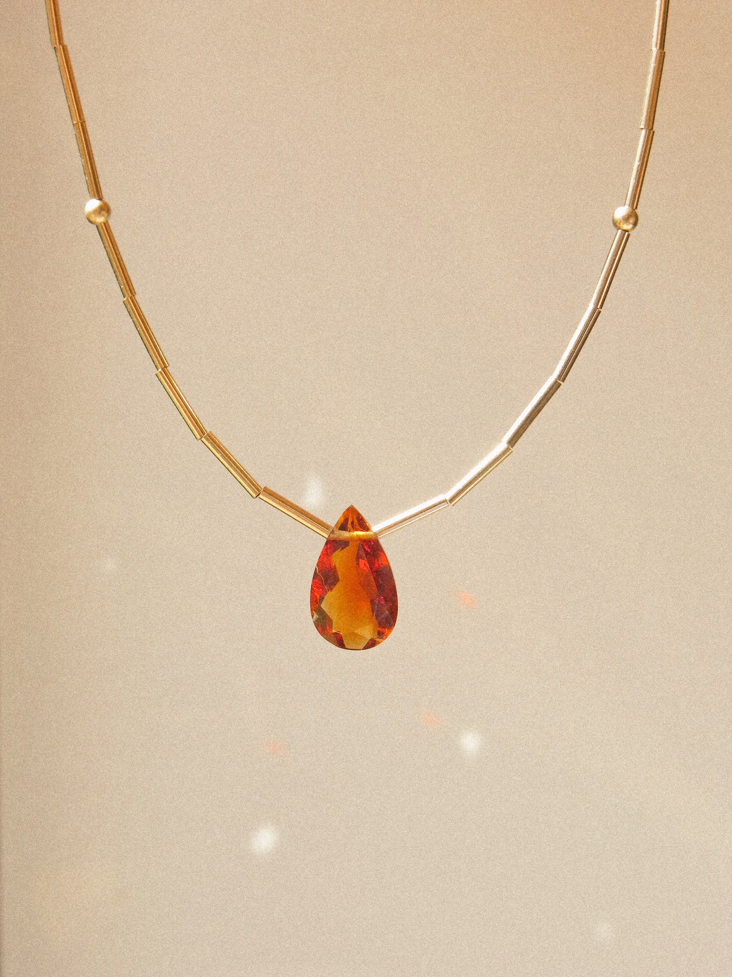 Faceted Brandy Citrine Teardrop and Delicate Tube Strung Necklace with Matte Gold Fill Ball Accent, 16", 14k Gold Fill