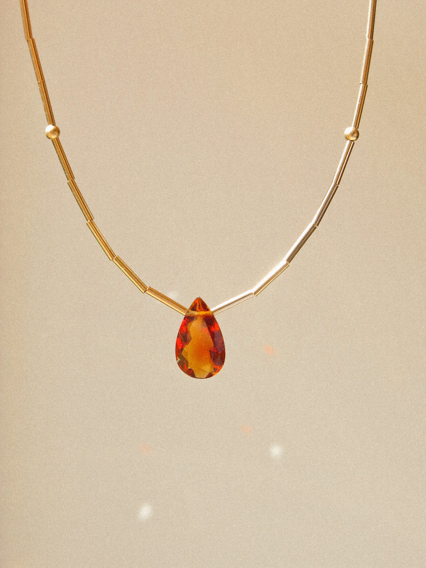 Faceted Brandy Citrine Teardrop and Delicate Tube Strung Necklace with Matte Gold Fill Ball Accent, 16", 14k Gold Fill
