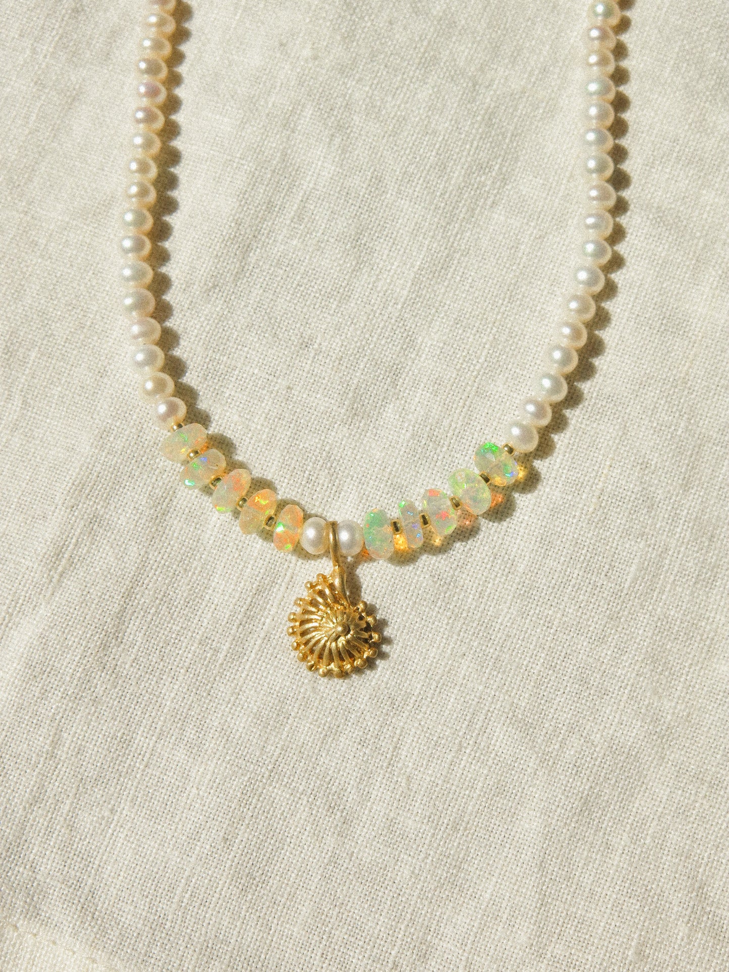 Matte Gold Vermeil Seashell Charm on Ethiopian Welo Opal and White Pearl Strung Choker Necklace, 15", 14k Gold Fill