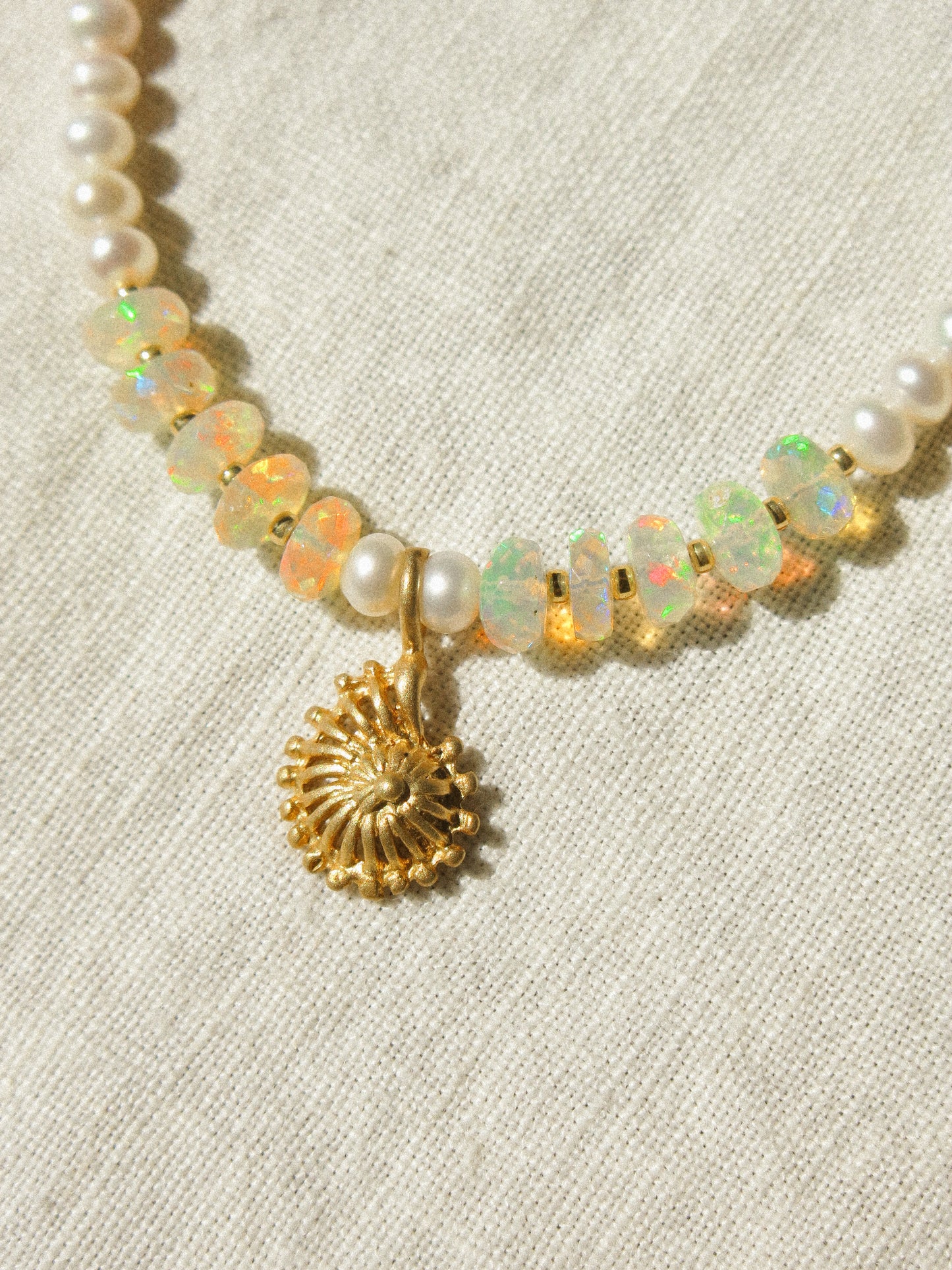 Matte Gold Vermeil Seashell Charm on Ethiopian Welo Opal and White Pearl Strung Choker Necklace, 15", 14k Gold Fill