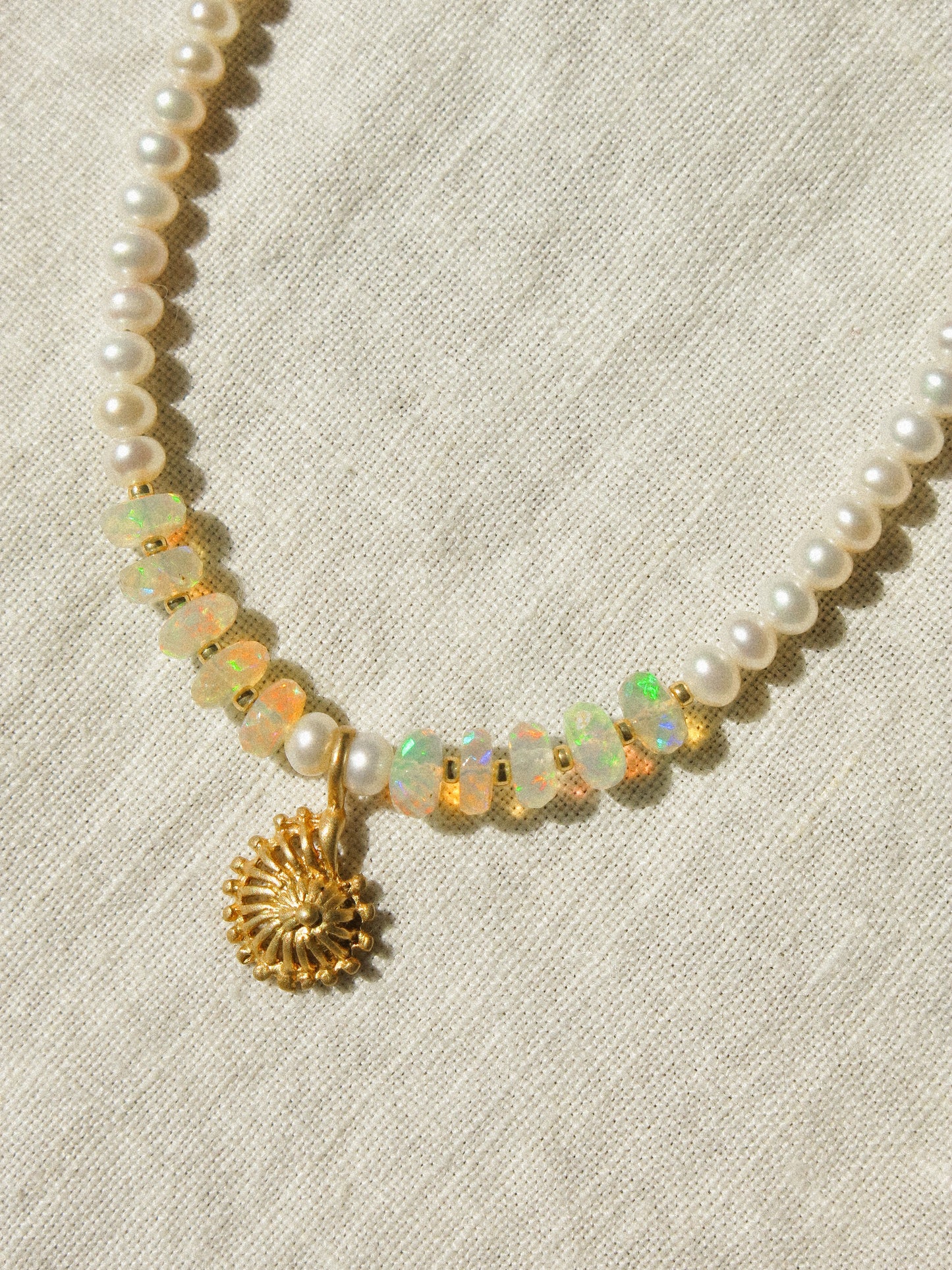 Matte Gold Vermeil Seashell Charm on Ethiopian Welo Opal and White Pearl Strung Choker Necklace, 15", 14k Gold Fill