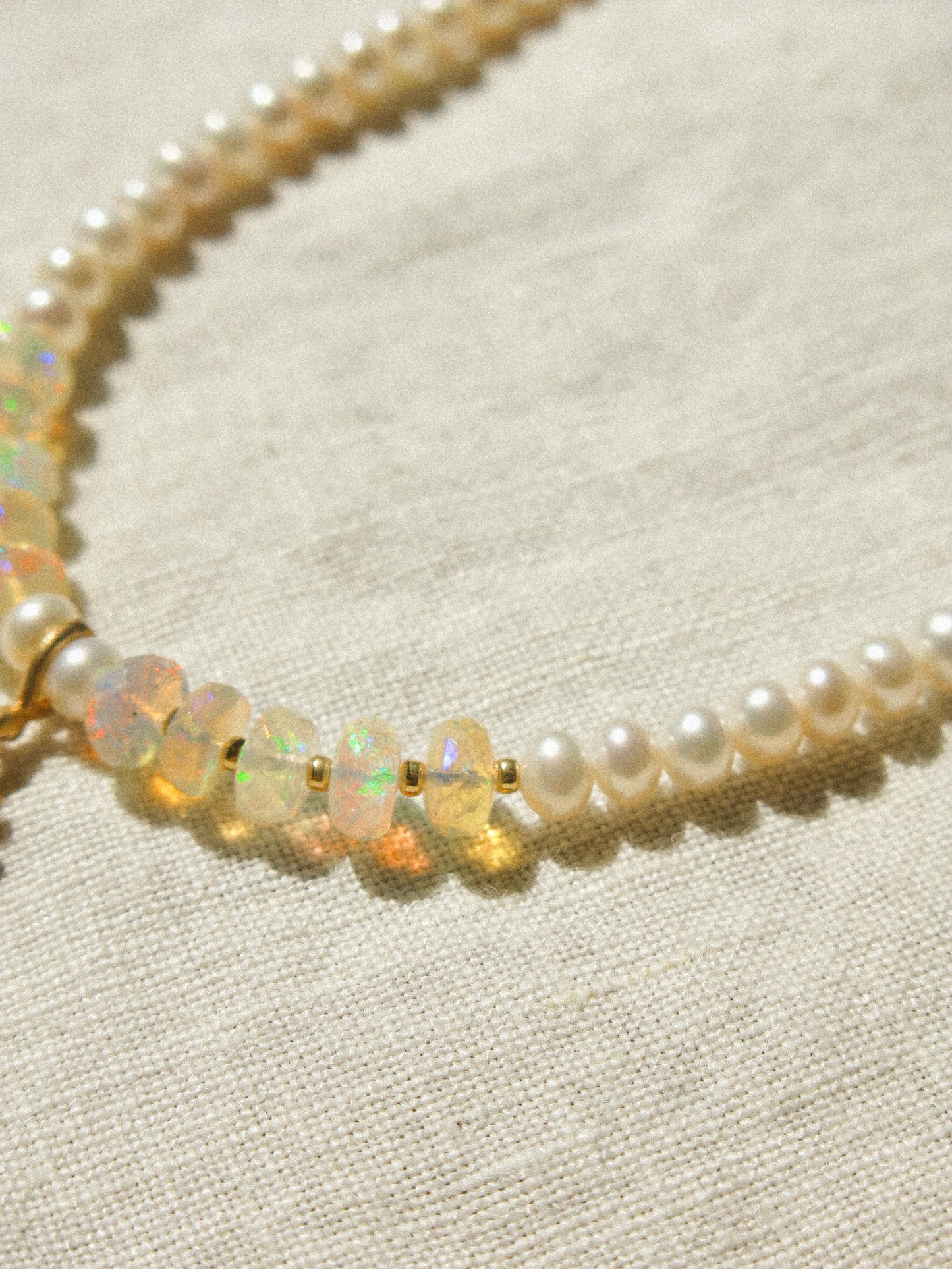 Matte Gold Vermeil Seashell Charm on Ethiopian Welo Opal and White Pearl Strung Choker Necklace, 15", 14k Gold Fill