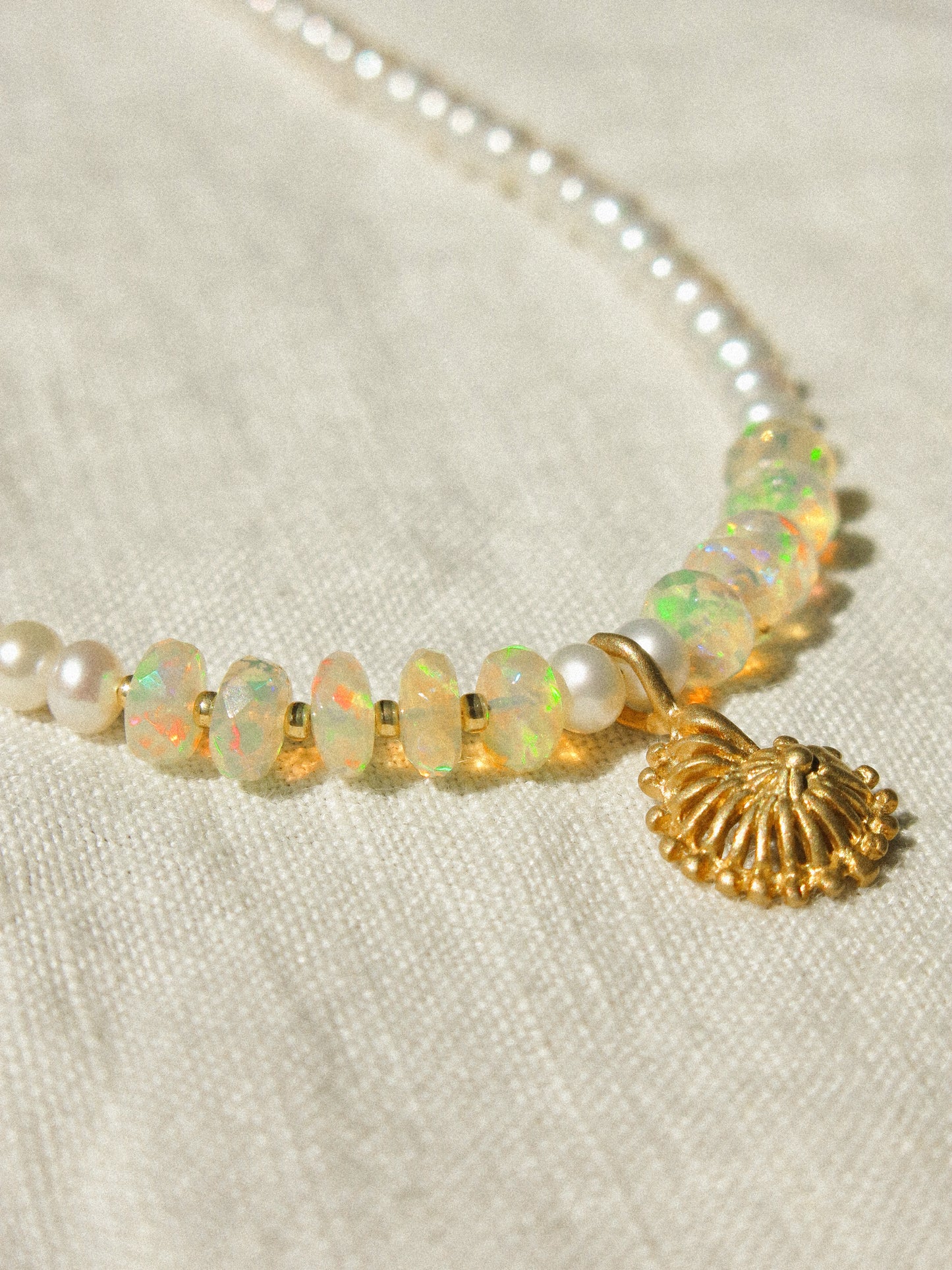 Matte Gold Vermeil Seashell Charm on Ethiopian Welo Opal and White Pearl Strung Choker Necklace, 15", 14k Gold Fill