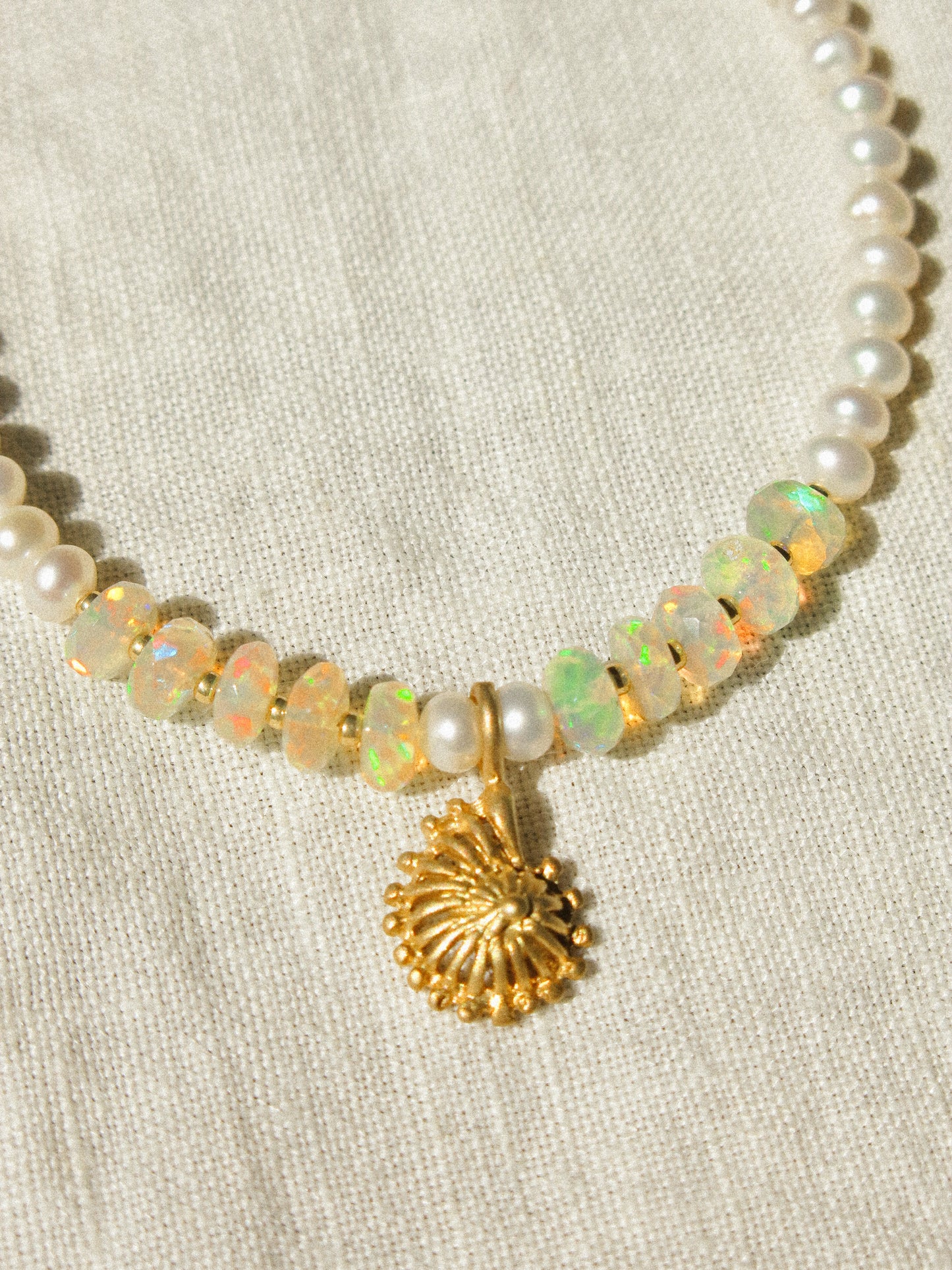Matte Gold Vermeil Seashell Charm on Ethiopian Welo Opal and White Pearl Strung Choker Necklace, 15", 14k Gold Fill