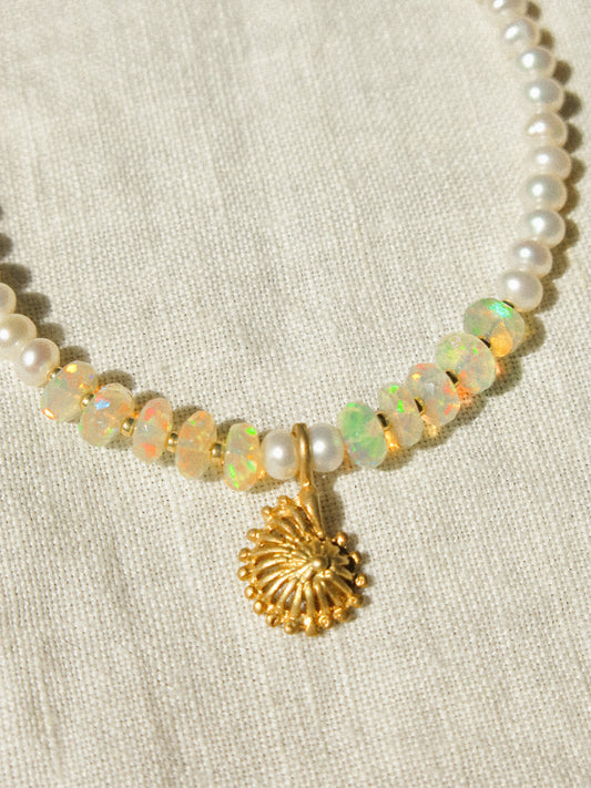 Matte Gold Vermeil Seashell Charm on Ethiopian Welo Opal and White Pearl Strung Choker Necklace, 15", 14k Gold Fill