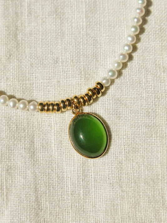 18K Gold Vermeil Bezel Set Serpentine Strung Choker Necklace with White Pearls and Gold Fill Rondelle Beads, 15", 14K Gold Fill