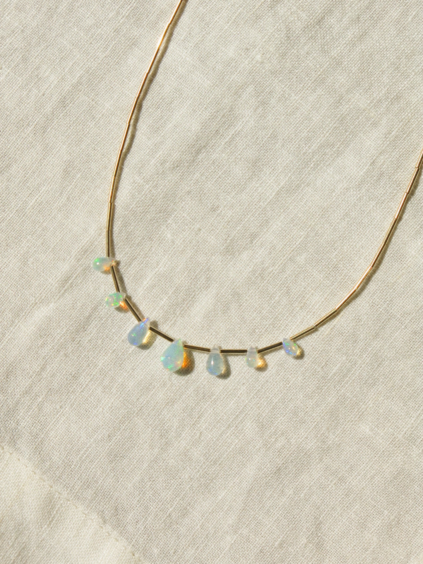 Ethiopian Opal Drop and Delicate Tube Strung Necklace, 14.5", 14k Gold Fill