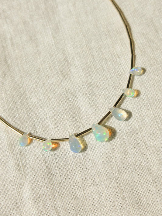 Ethiopian Opal Drop and Delicate Tube Strung Necklace, 14.5", 14k Gold Fill