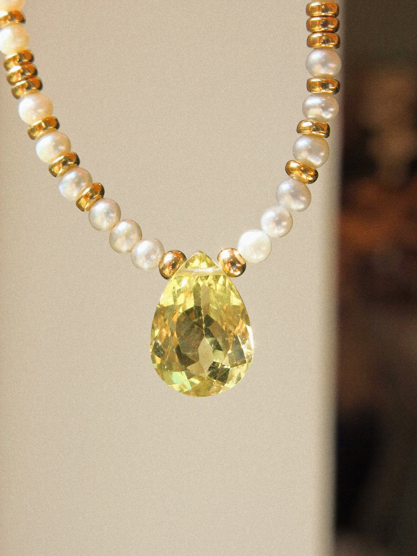 Yellow Green Apatite and White Pearl Strung Choker Necklace, 14.5", 14K Gold Fill