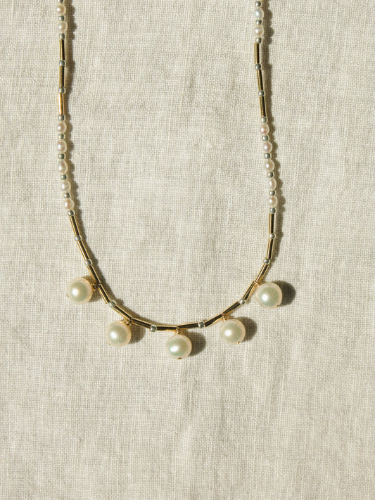 White Round Pearl Strung Choker Necklace with Tube Beads, Rice Pearls and Silver Miyuki Beads, 14", 14k Gold Fill