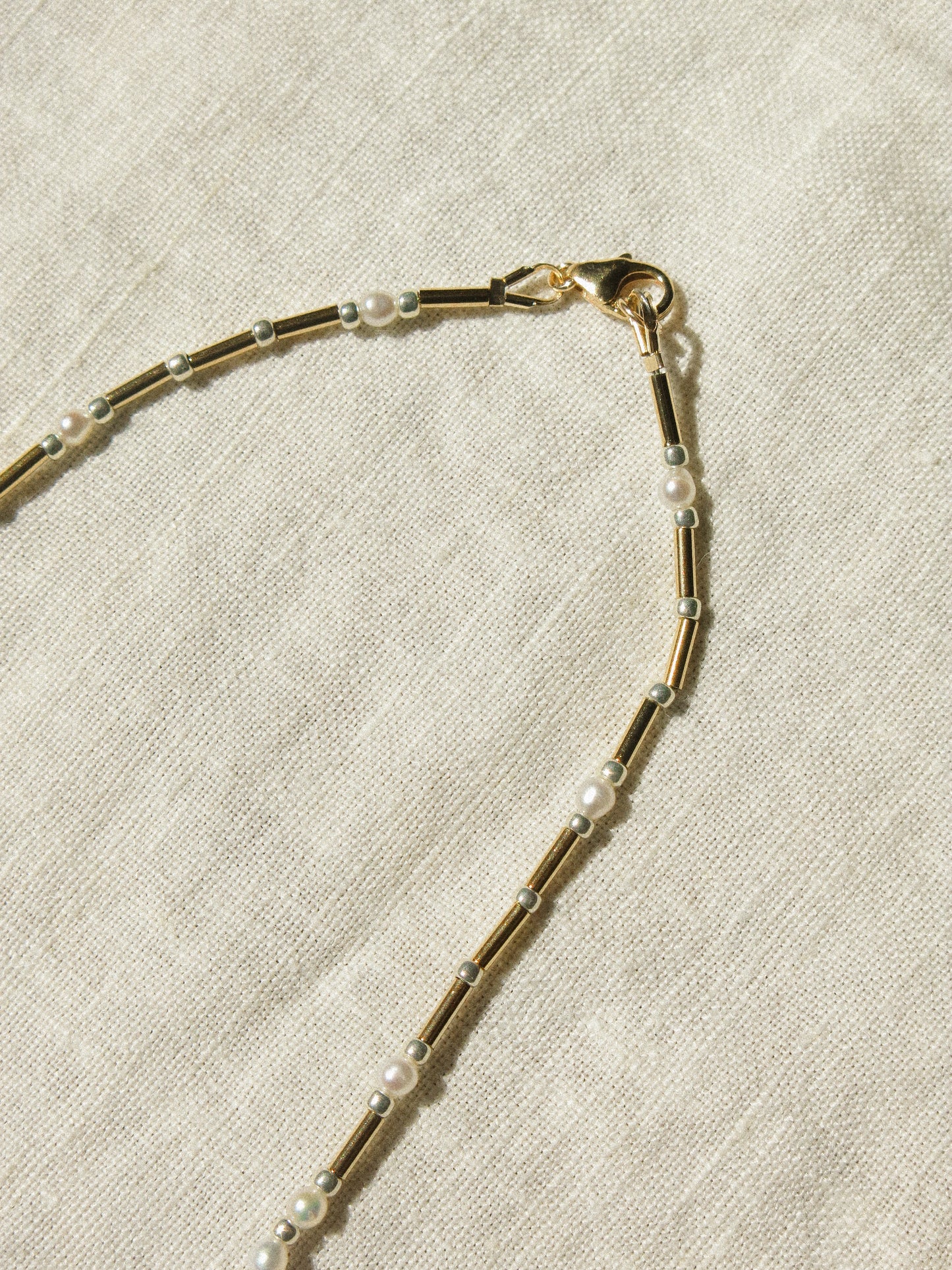 White Round Pearl Strung Choker Necklace with Tube Beads, Rice Pearls and Silver Miyuki Beads, 14", 14k Gold Fill