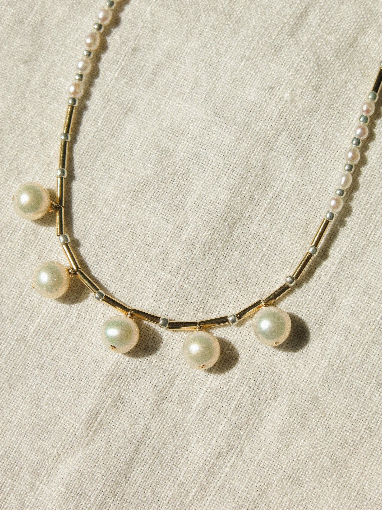 White Round Pearl Strung Choker Necklace with Tube Beads, Rice Pearls and Silver Miyuki Beads, 14", 14k Gold Fill