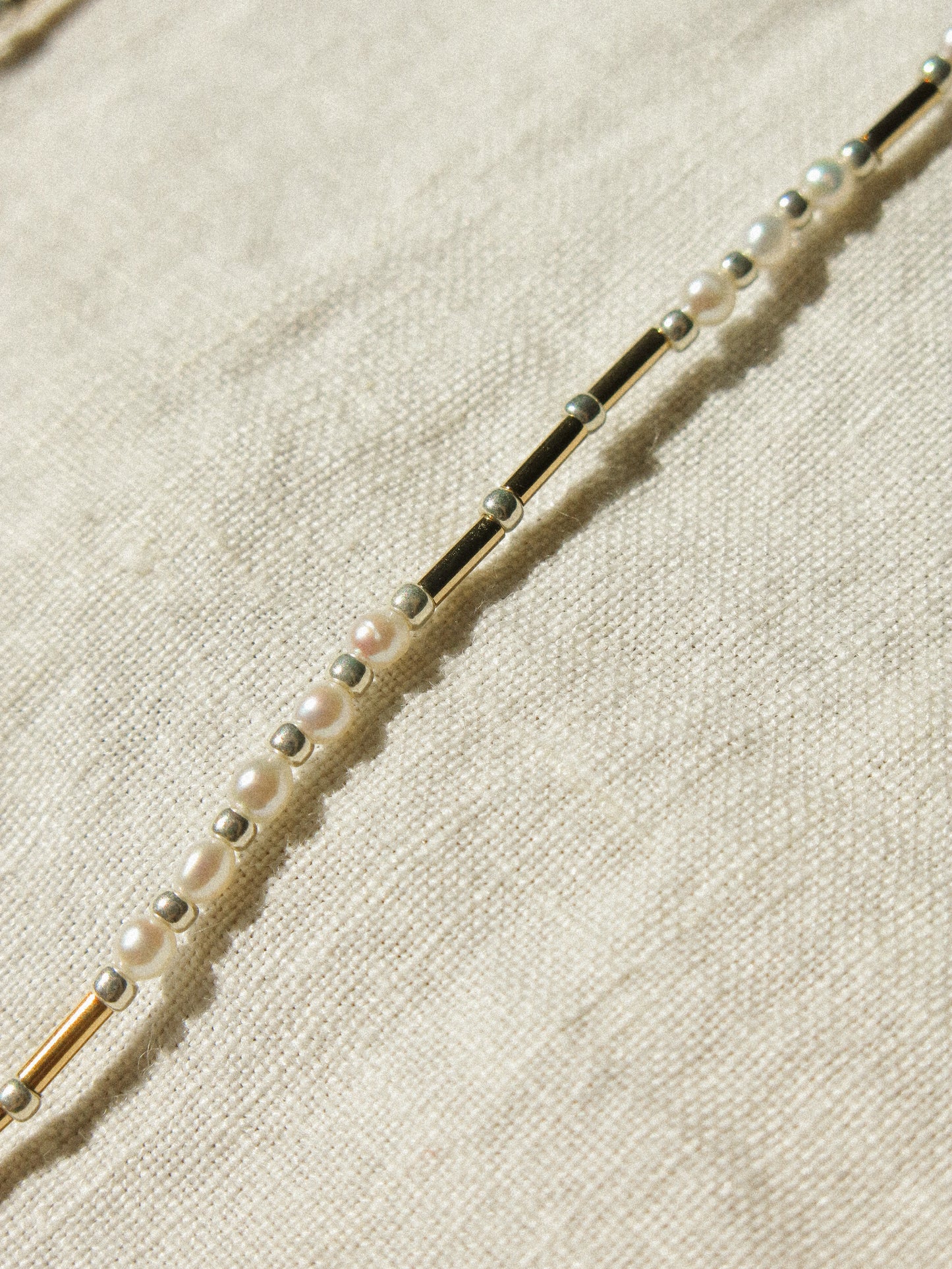 White Round Pearl Strung Choker Necklace with Tube Beads, Rice Pearls and Silver Miyuki Beads, 14", 14k Gold Fill