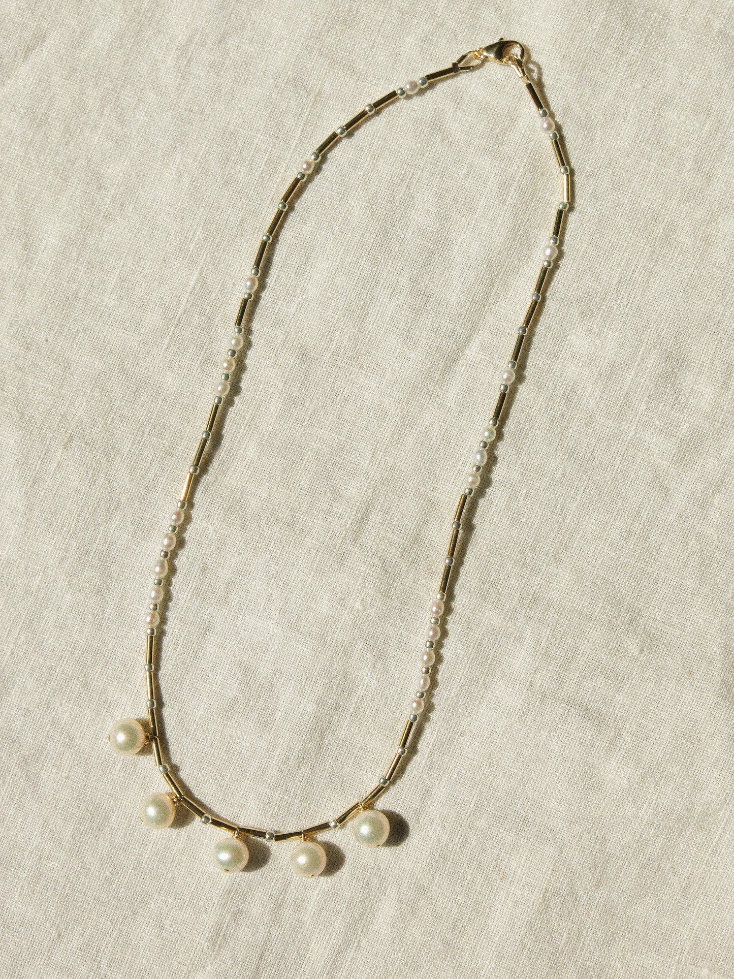 White Round Pearl Strung Choker Necklace with Tube Beads, Rice Pearls and Silver Miyuki Beads, 14", 14k Gold Fill