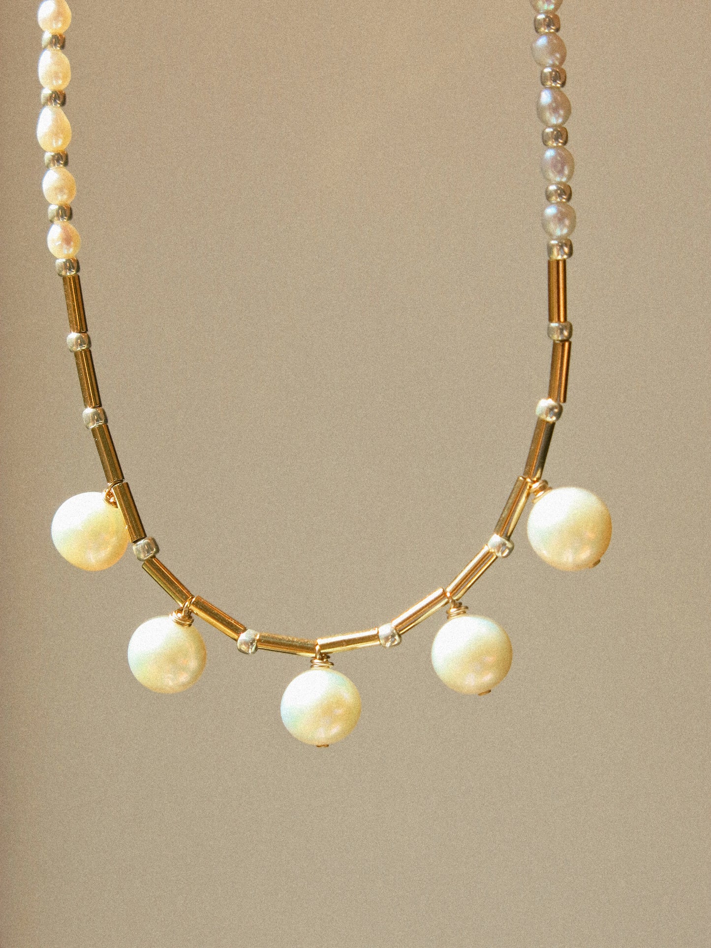 White Round Pearl Strung Choker Necklace with Tube Beads, Rice Pearls and Silver Miyuki Beads, 14", 14k Gold Fill