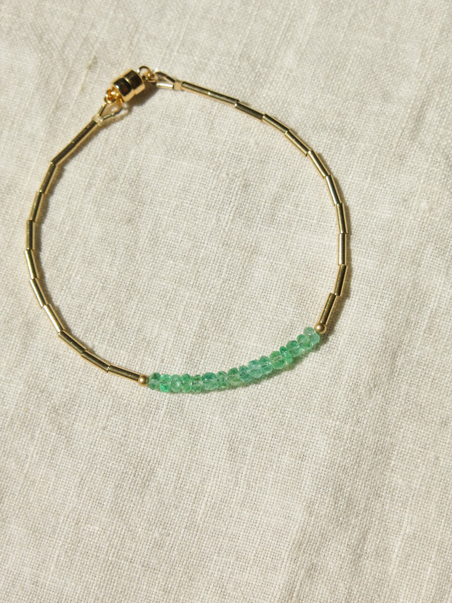 AAA Zambian Emerald and 14K Gold Fill Tube beads Bracelet with Magnetic Clasp, 6.5", 14K Gold Fill