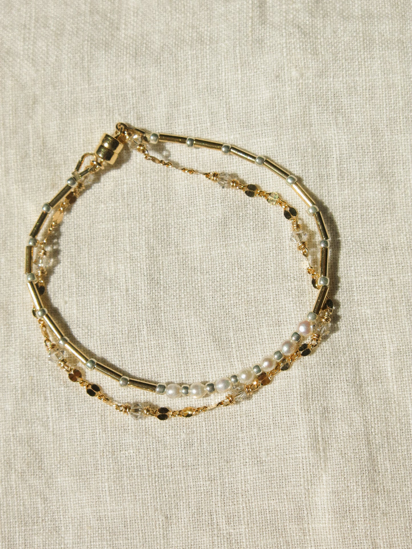 Double Bracelet with Magnetic Clasp in White Pearls, Swavorski Crystals, Silver Miyuki Beads, and Dapped Sequin Chain, 6.25", 14k Gold Fill