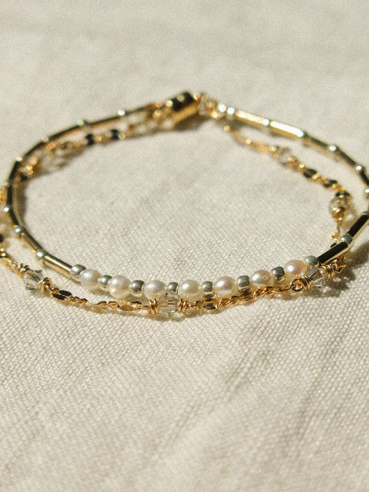 Double Bracelet with Magnetic Clasp in White Pearls, Swavorski Crystals, Silver Miyuki Beads, and Dapped Sequin Chain, 6.25", 14k Gold Fill
