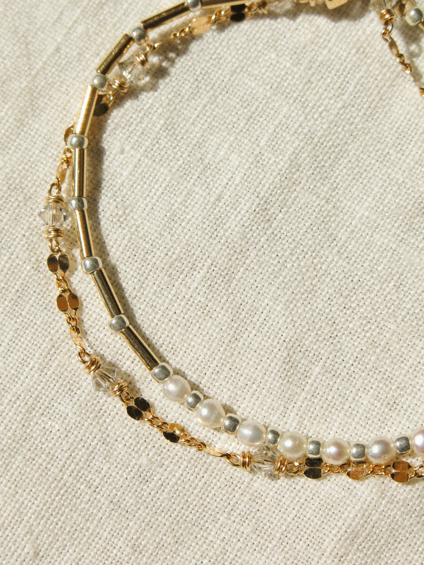 Double Bracelet with Magnetic Clasp in White Pearls, Swavorski Crystals, Silver Miyuki Beads, and Dapped Sequin Chain, 6.25", 14k Gold Fill