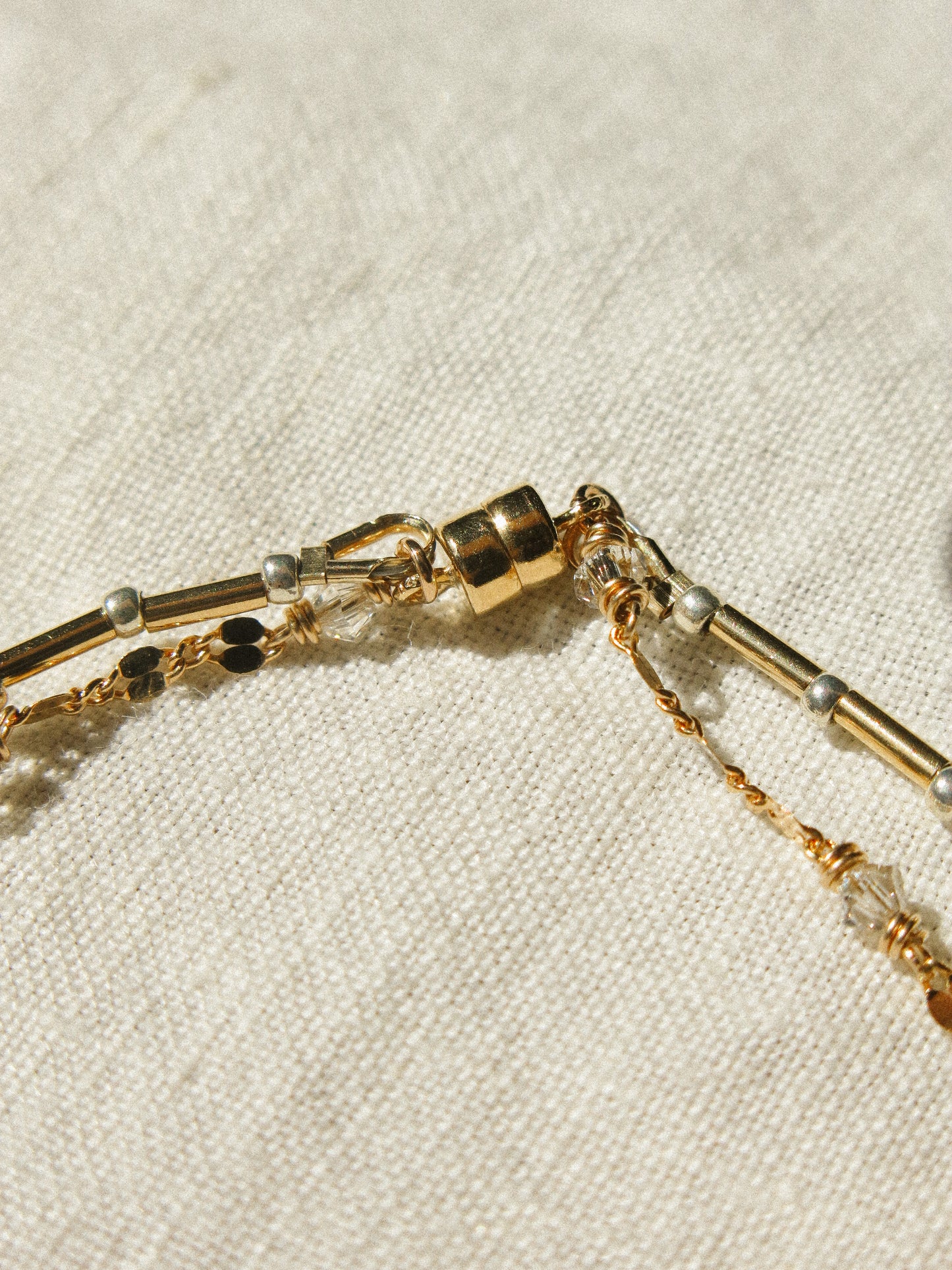 Double Bracelet with Magnetic Clasp in White Pearls, Swavorski Crystals, Silver Miyuki Beads, and Dapped Sequin Chain, 6.25", 14k Gold Fill