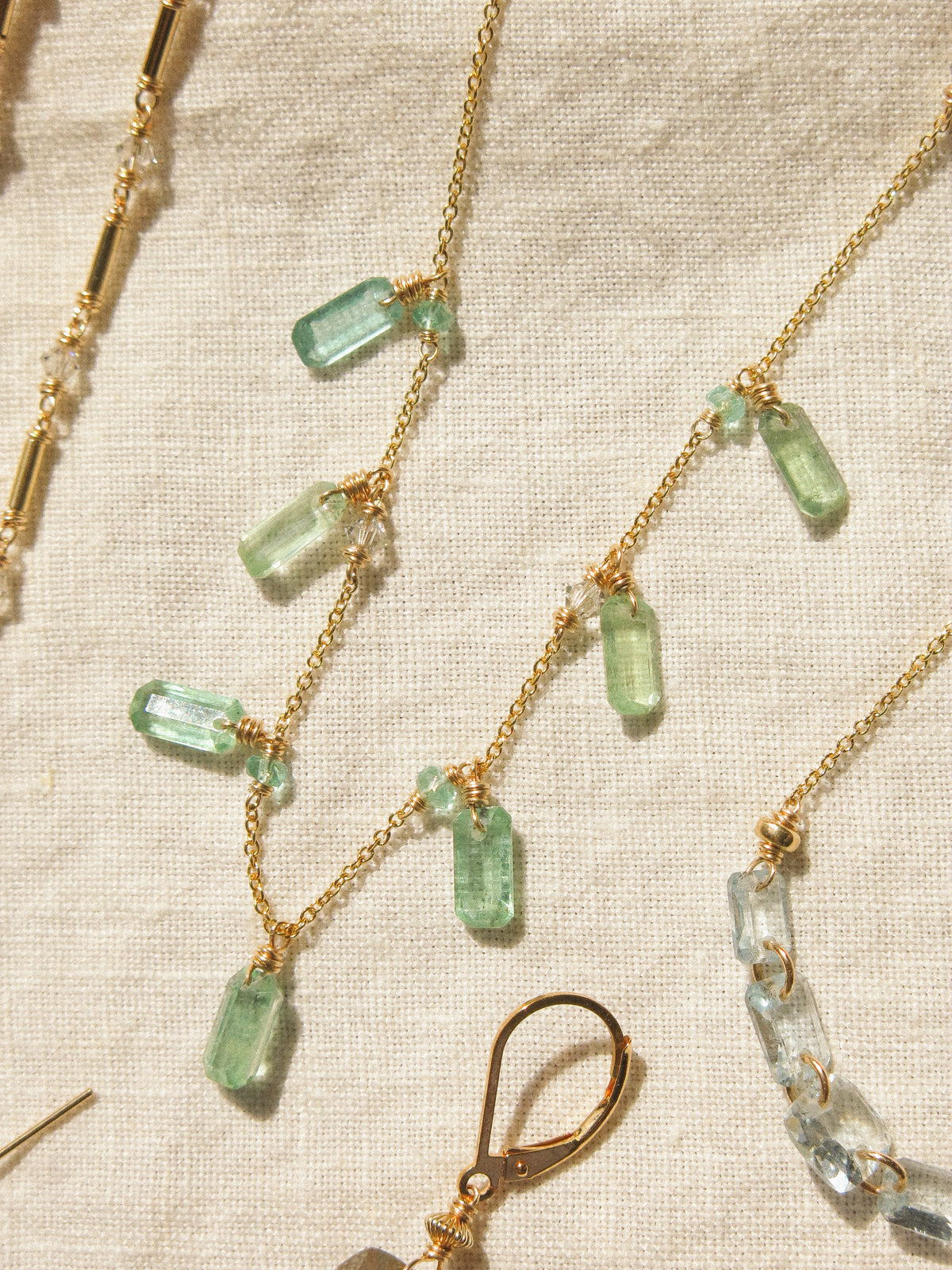 Baguette Cut Green Kyanite Charm Necklace with Zambian Emerald and Swarovski Crystal, 14K Gold Fill