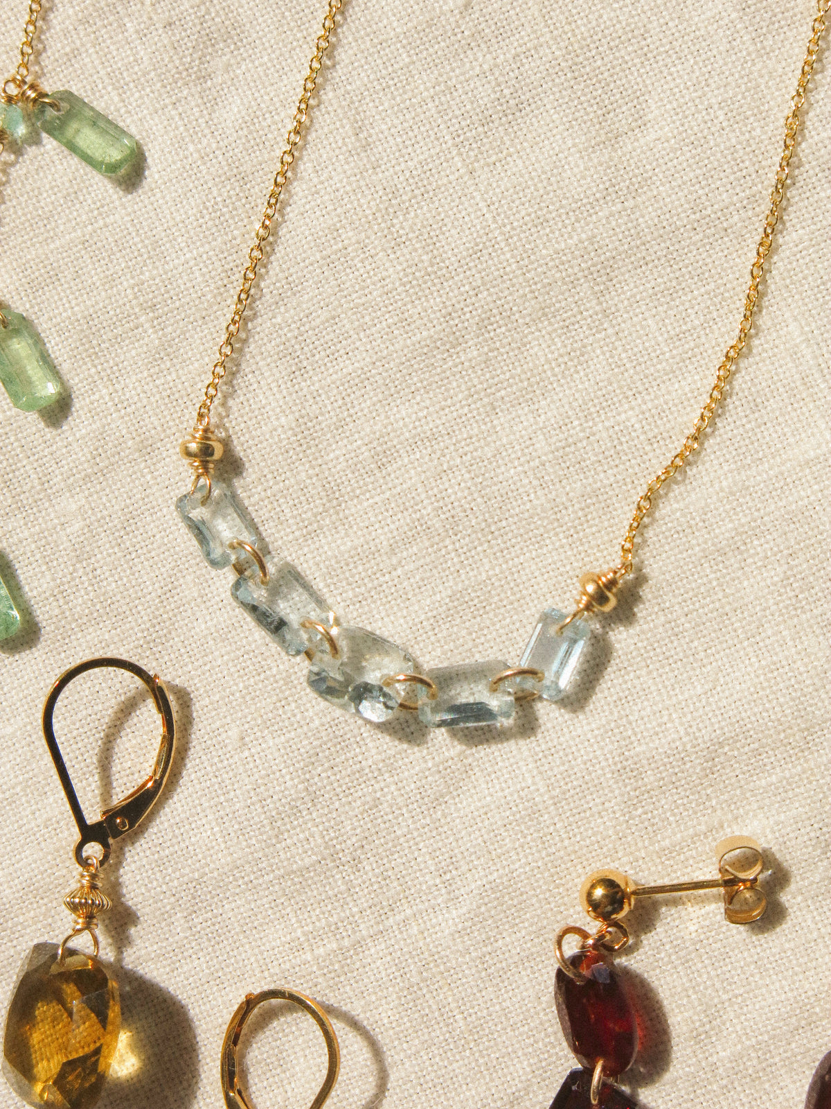 Five Petit Faceted Aquamarine Dainty Necklace, 14K Gold Fill