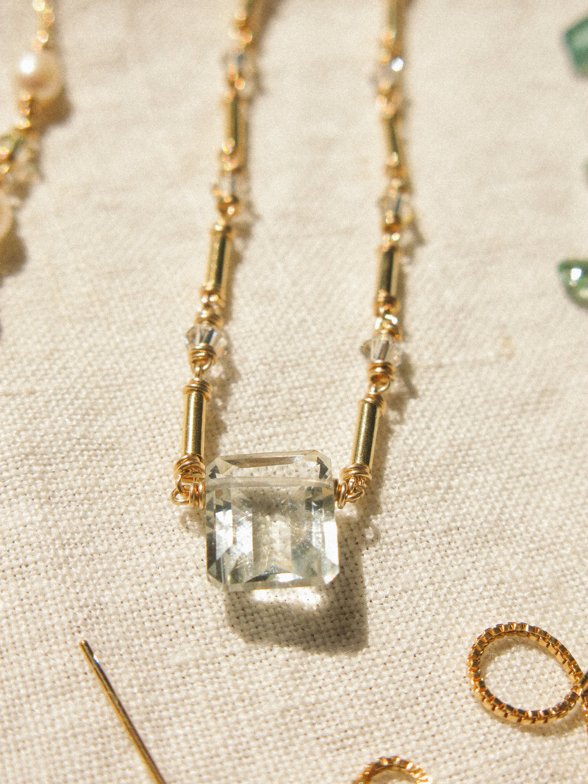 Emerald Cut Prasiolite Necklace with Tube Gold Fill Beads and Swarovski Crystal Chain, 14K Gold Fill
