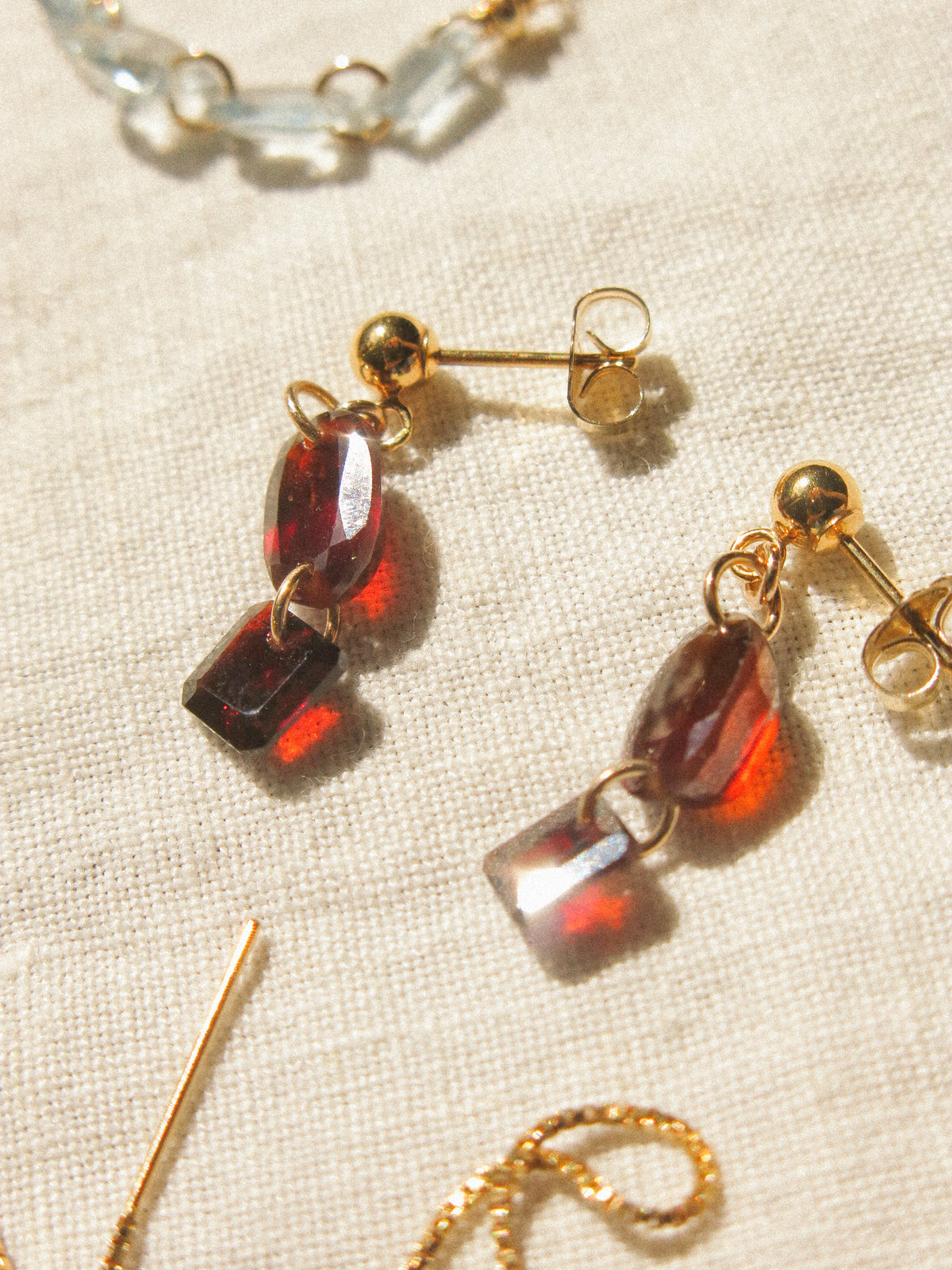 Hessonite Garnet and Mozambique Garnet Post Earrings, 14K Gold Fill