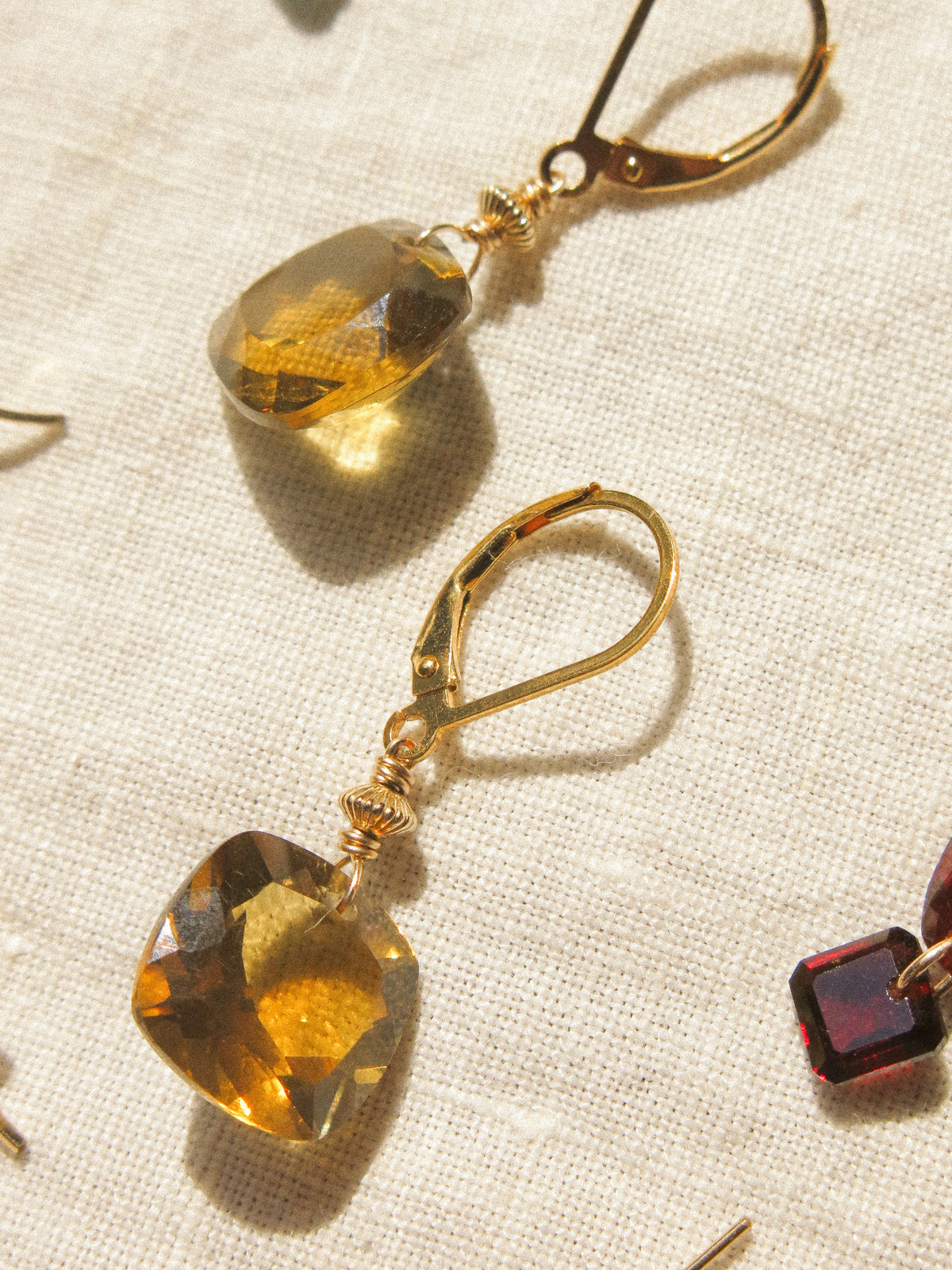 Cushion Cut Cognac Quartz Lever Back Earrings, 14K Gold Fill