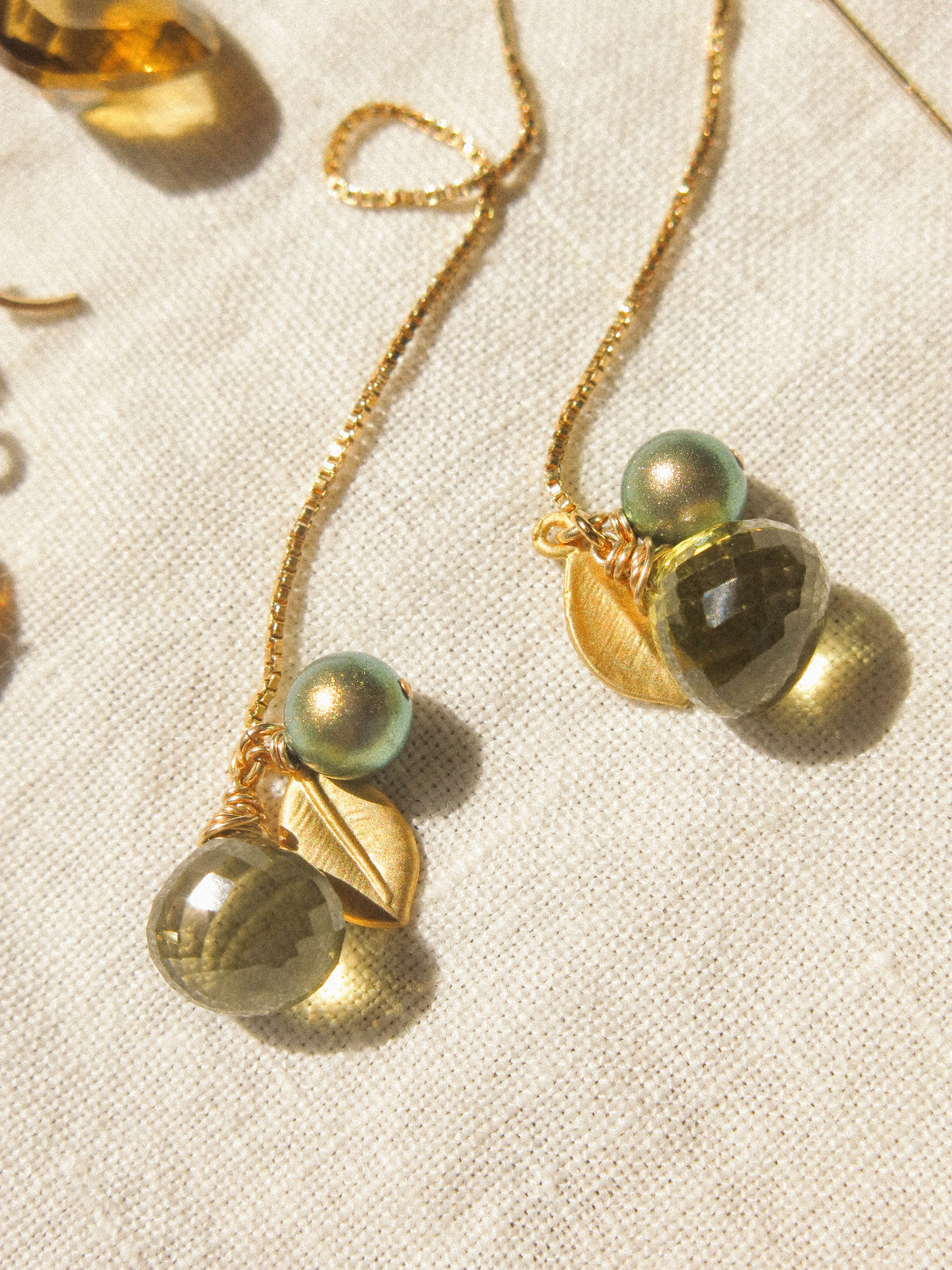 Lush Meadow Threaders: Olive Quartz, Glass Pearl, and Leaf Charm Threader Earrings, 14K Gold Fill