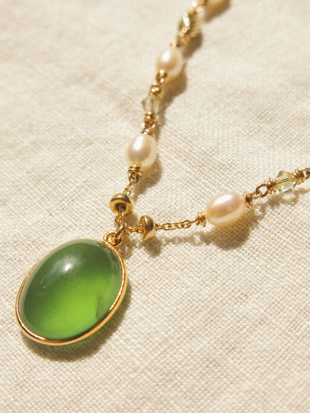 Serpentine Gold Vermeil Bezel Pendant Necklace with White Pearl and Swarovski Crystal, 14K Gold Fill